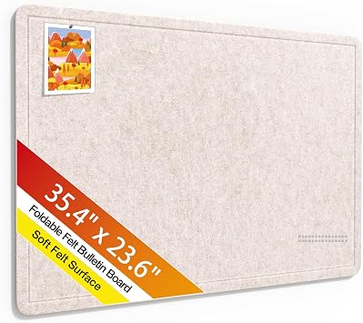 Bulletin Board,35.4 x 23.6 inches Foldable Decorative Felt Pin Board Photo Display Board with Self-Adhesive Tape, 30 Push Pins,Decorative Cork Alternative for Office Home School,Oatmeal