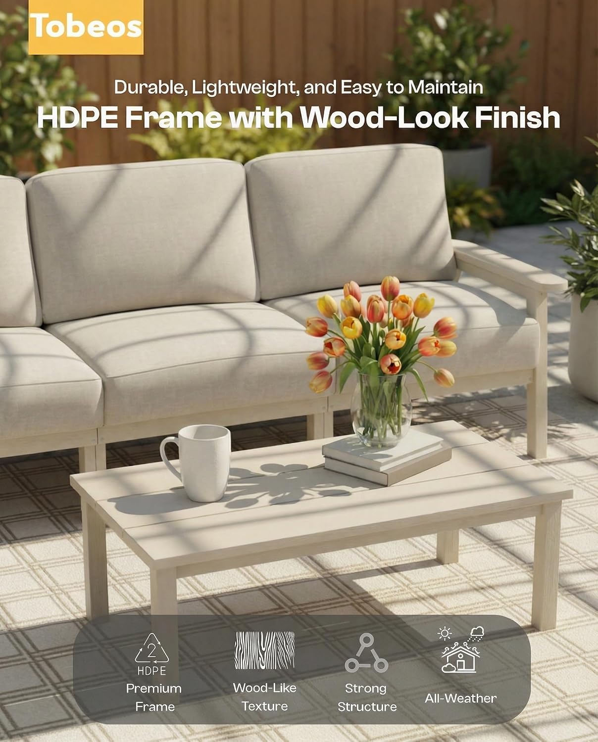 Patio Furniture Set, HDPE Outdoor Sofa Set with Beige Washable Cushions, Patio Conversation Sets for Lawn, Garden, Porch, Balcony & Deck, Durable Outdoor Sectional Furniture (White Frame)