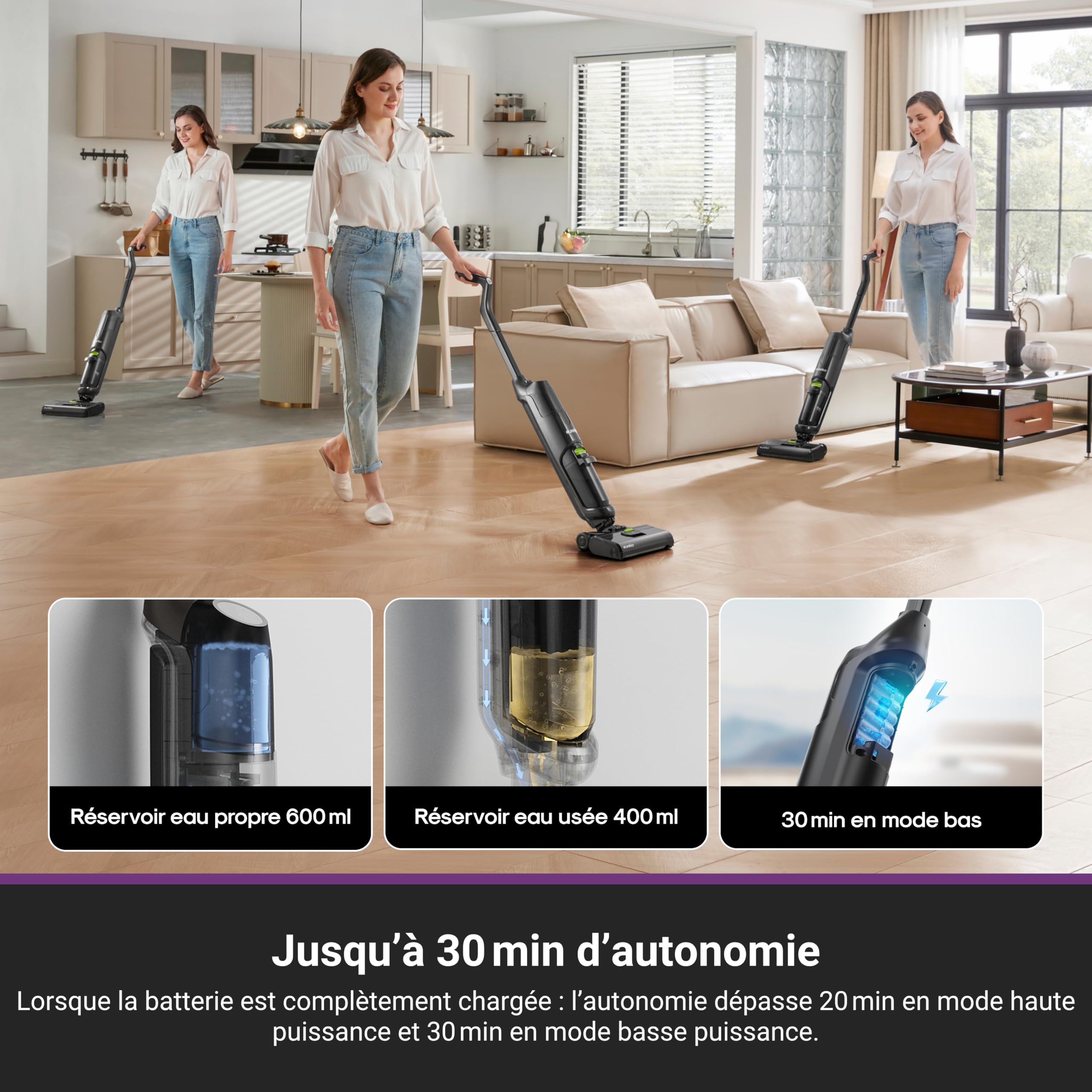 Eureka NEW400 Aspirateur Laveur sans Fil pour Sols Durs,Aspirateur Balai sans Fil Sec et Humide,Autonettoyant,Aspirateur Laveur Eau et Poussière,Longue Autonomie,pour Les Saletés Collantes,Sols Durs