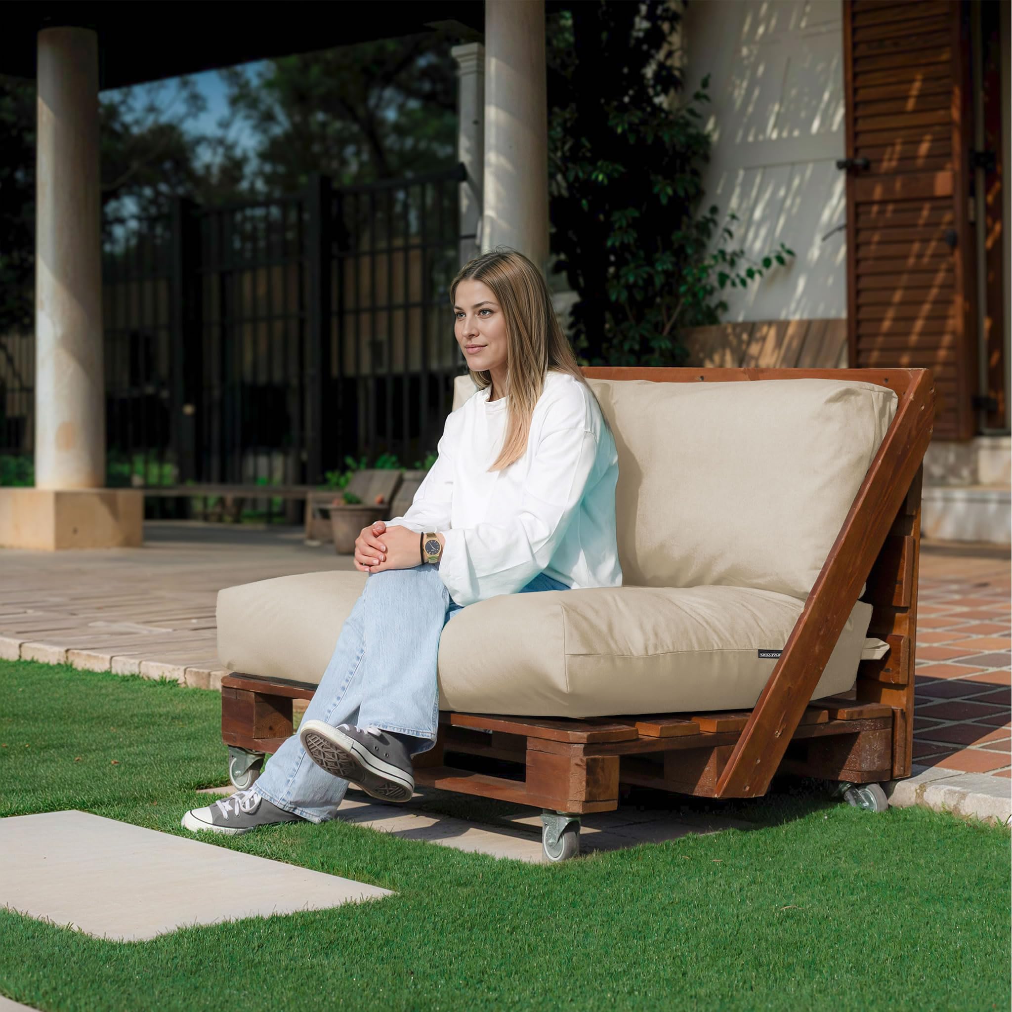 HAPPERS Cojín para Palets Toldotex Impermeable Crudo Set: Asiento 120x80x20 (Liso) + Respaldo 120x45x20 (Liso)