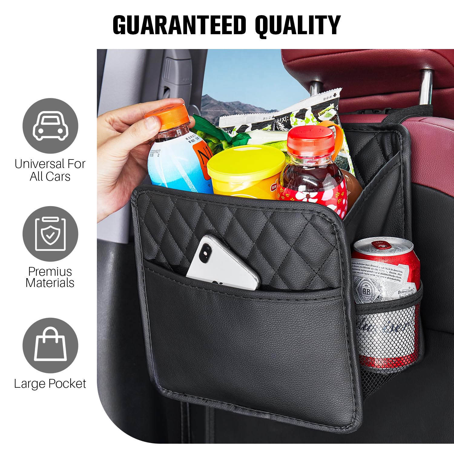 LUNYI - Organizador de asiento de automóvil, paquete de 2 organizadores de asiento trasero de automóvil impermeables de piel sintética y bolsa de almacenamiento, organizadores plegables universales