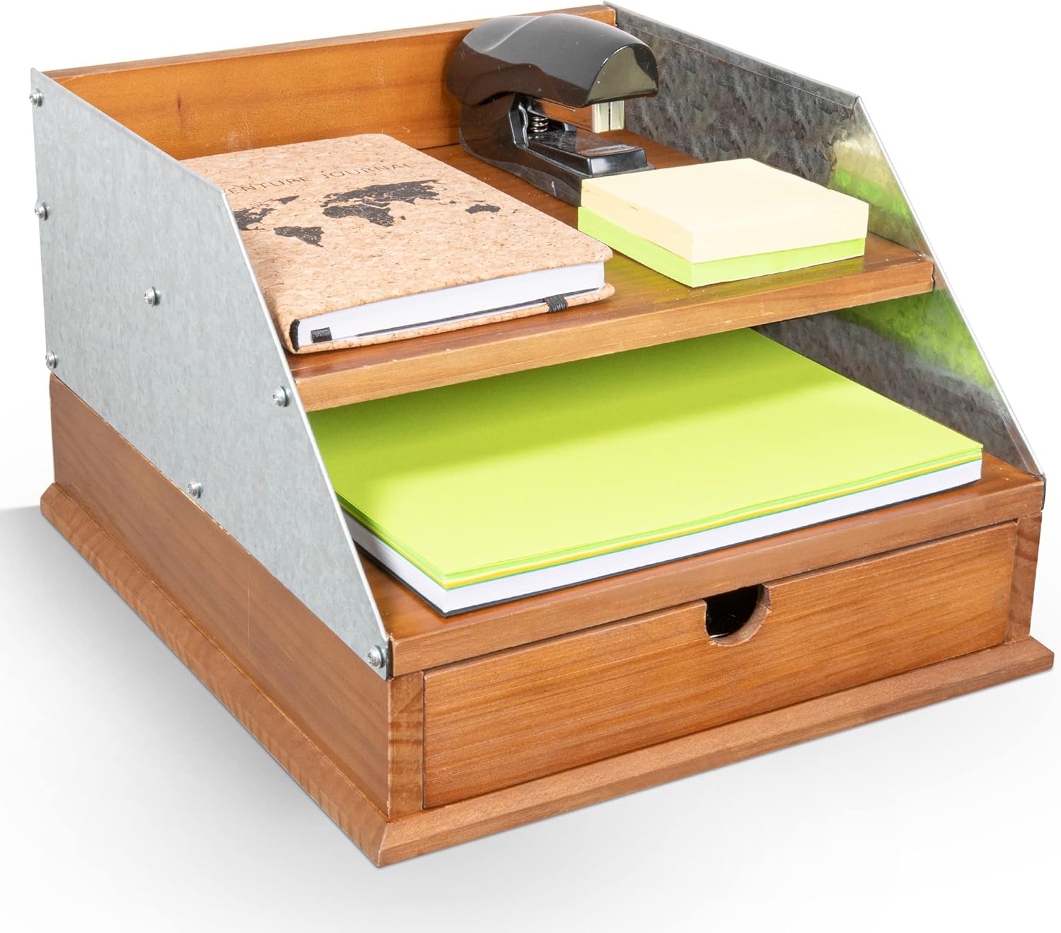 Brown Country Steel Farmhouse Rustic Desktop Organizer with Two Shelves for Paper, Mail, Files, Magazines and a Drawer for Supply Storage