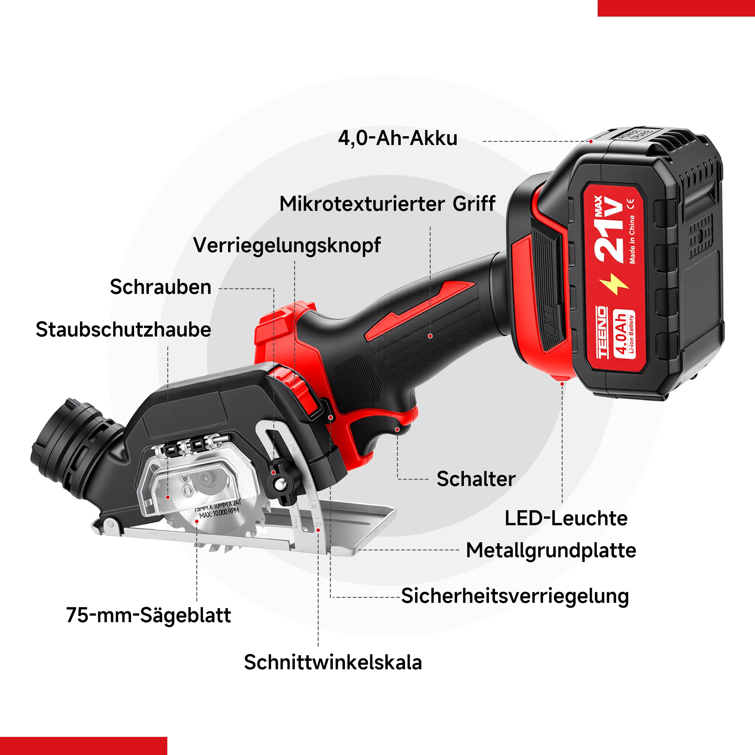 TEENO Akku-Mini-Handkreissäge, Akku Handkreissäge mit LED-Leuchte, 2x 4,0Ah-Akkus, Einstellbarer Schnittwinkel, 20000 U/min, 3 Sägeblätter inklusive Schleifscheibe für Metall, Holz und Fliesen