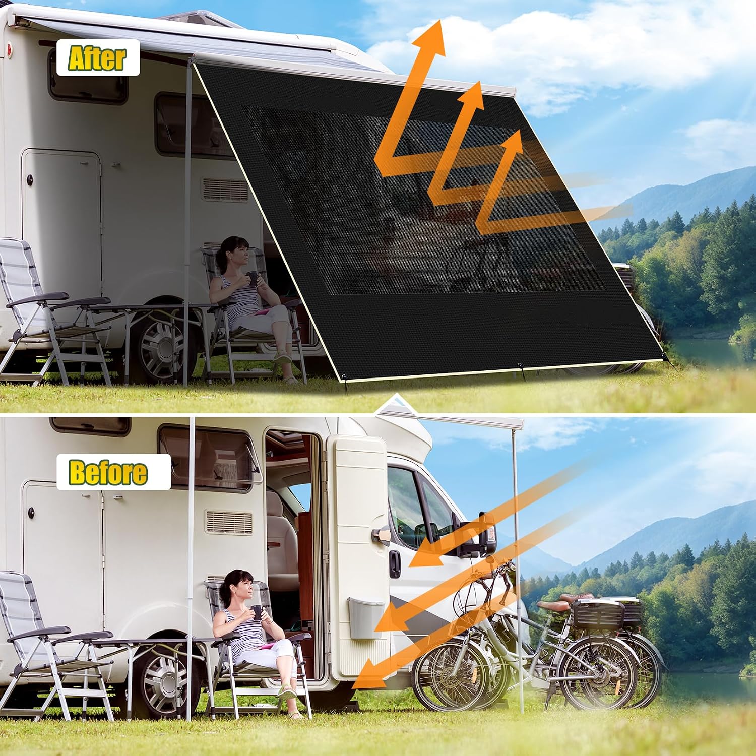 RV Awning Sun Shade Screen, 90% UV Blocking Mesh & 600D Waterproof Oxford Fabric, Retractable RV Shade Screen for Campers, Trailers, Motorhomes (No Curtain, 8'X17'3'' for 18 ft Awning)