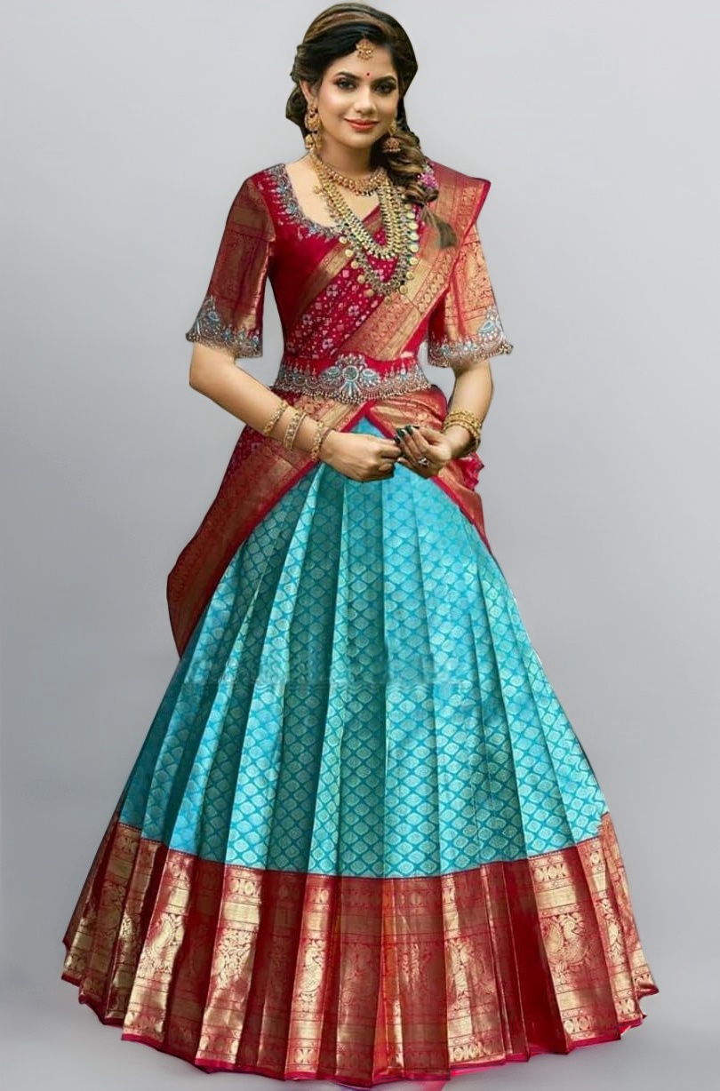 Kanjivaram Soft Pure Zari Silk Traditional Lehenga Saree, Unstitched Lehenga Choli, Half Saree.