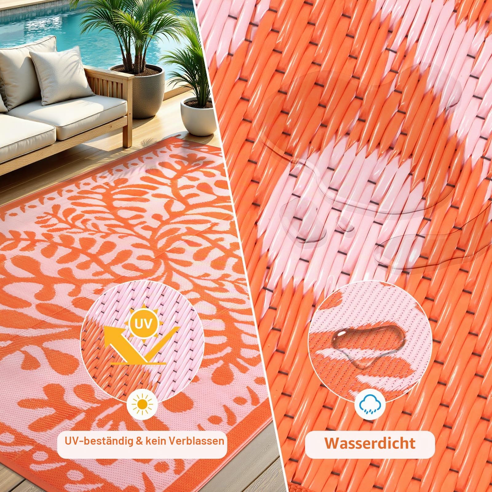 Anidaroel Outdoor-Teppich für Terrassen, wasserdicht, Camping-Teppich für den Außenbereich, Wohnwagen, wendbarer Kunststoff-Strohhalm, großer Outdoor-Teppich für Garten, Wohnmobil, Pool-Deck, Orange