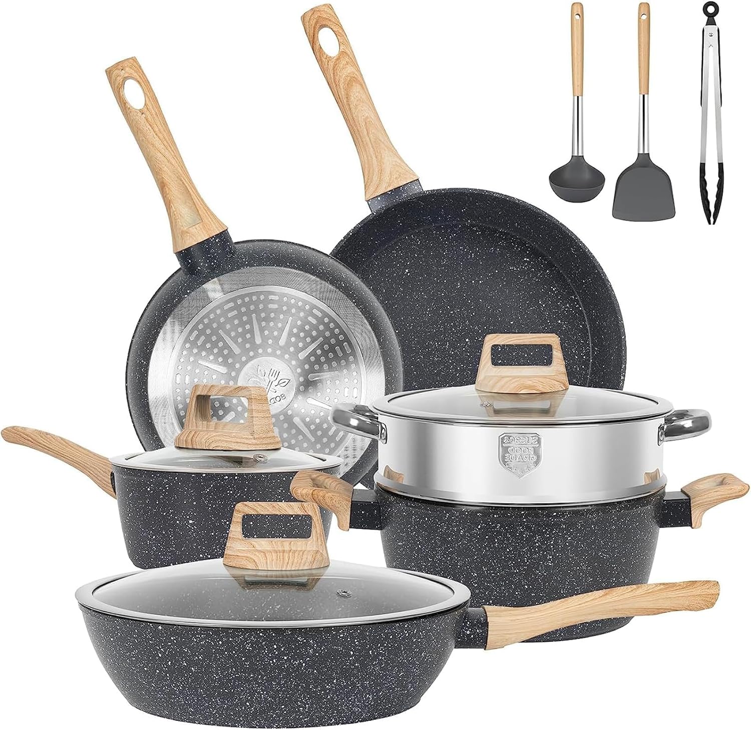 12 Pcs Pots and Pans Set, Granite Nonstick Cookware Sets, Induction Non Toxic Healthy Kitchen Cooking Set with Frying Pans Set, Saucepans, Steamer, PFAS PTFE PFOA PFOS Free, Black