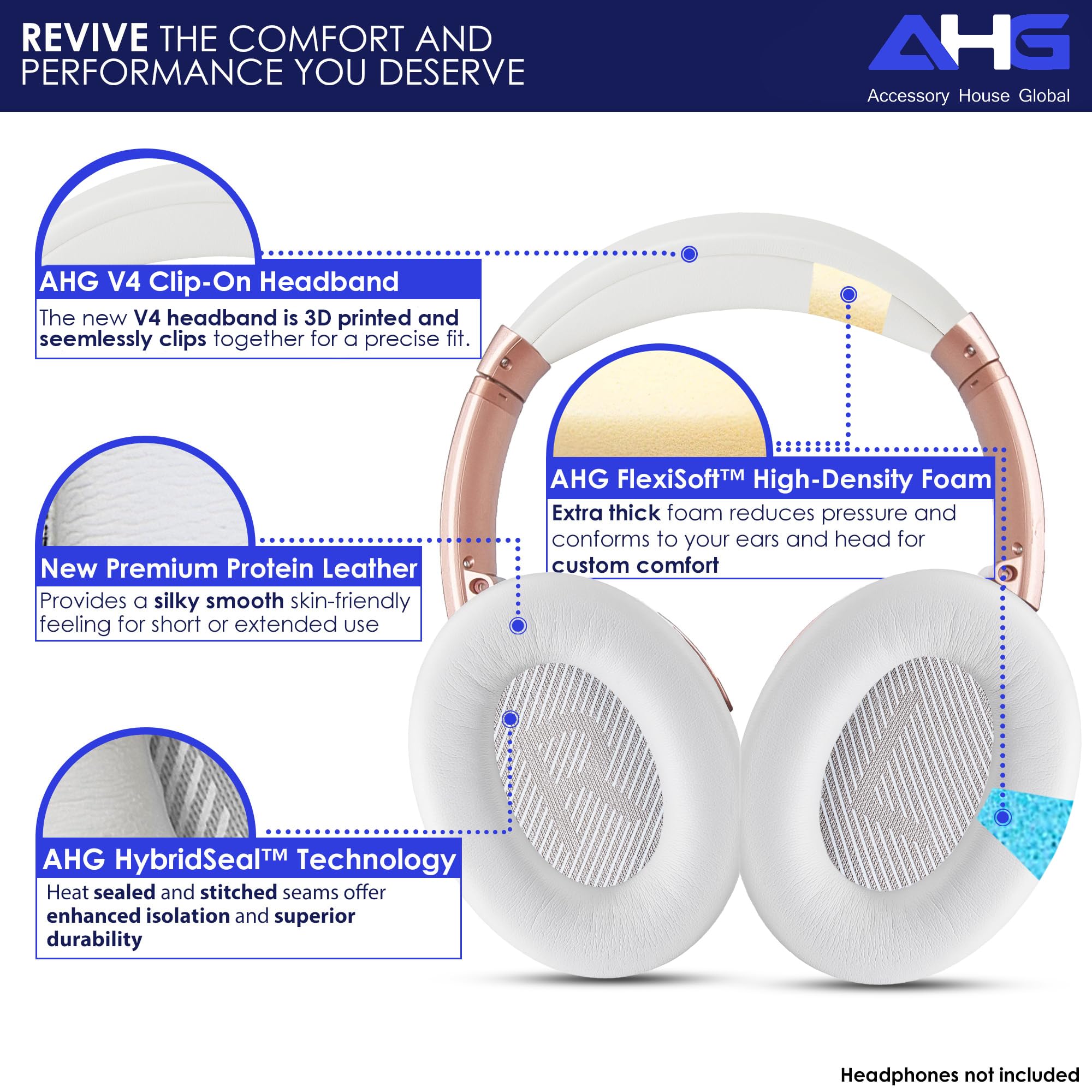 AHG QC35 Oreillettes / QC35 ii Kit de coussinets pour bandeau Compatible avec casque Bose QuietComfort 35 ii / QC35 (blanc). Design de bandeau haut de gamme | Assemblage à faire soi-même sans couture