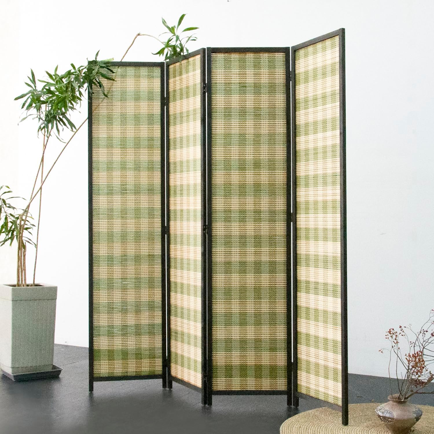 Furnnylane 4 Panel Bamboo Room Divider - 5.6 ft Tall (67" H x 63" W), Double-Sided Folding Privacy Screen in Green Woven Stripe, No-Drill Freestanding Partition for Home Office & Bedroom