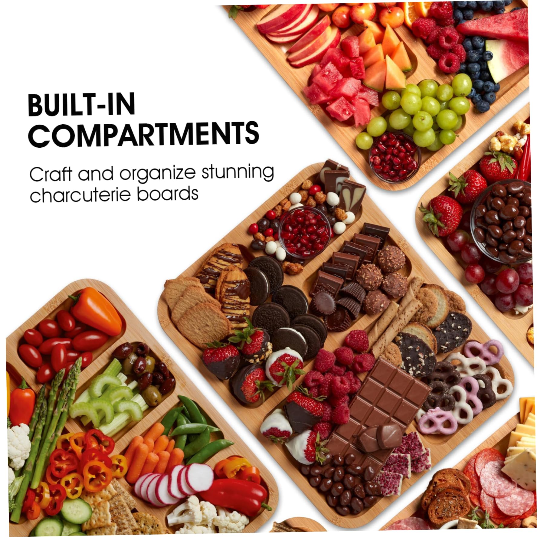 Tabla para embutidos con tapa Tablas para embutidos de bambú con tapa transparente, asas, bandeja para servir 6 compartimentos para aperitivos de comida de cocina