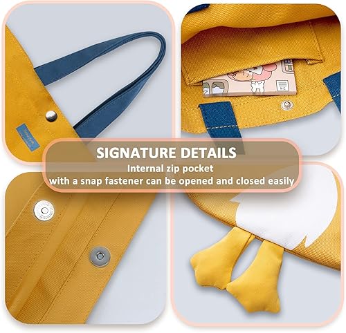 Miniatura 10 de Bonita bolsa de lona para mujer, bolsa de tela de algodón reutilizable para el almuerzo, compras y playa, con diseño de pato 3D, Amarillo