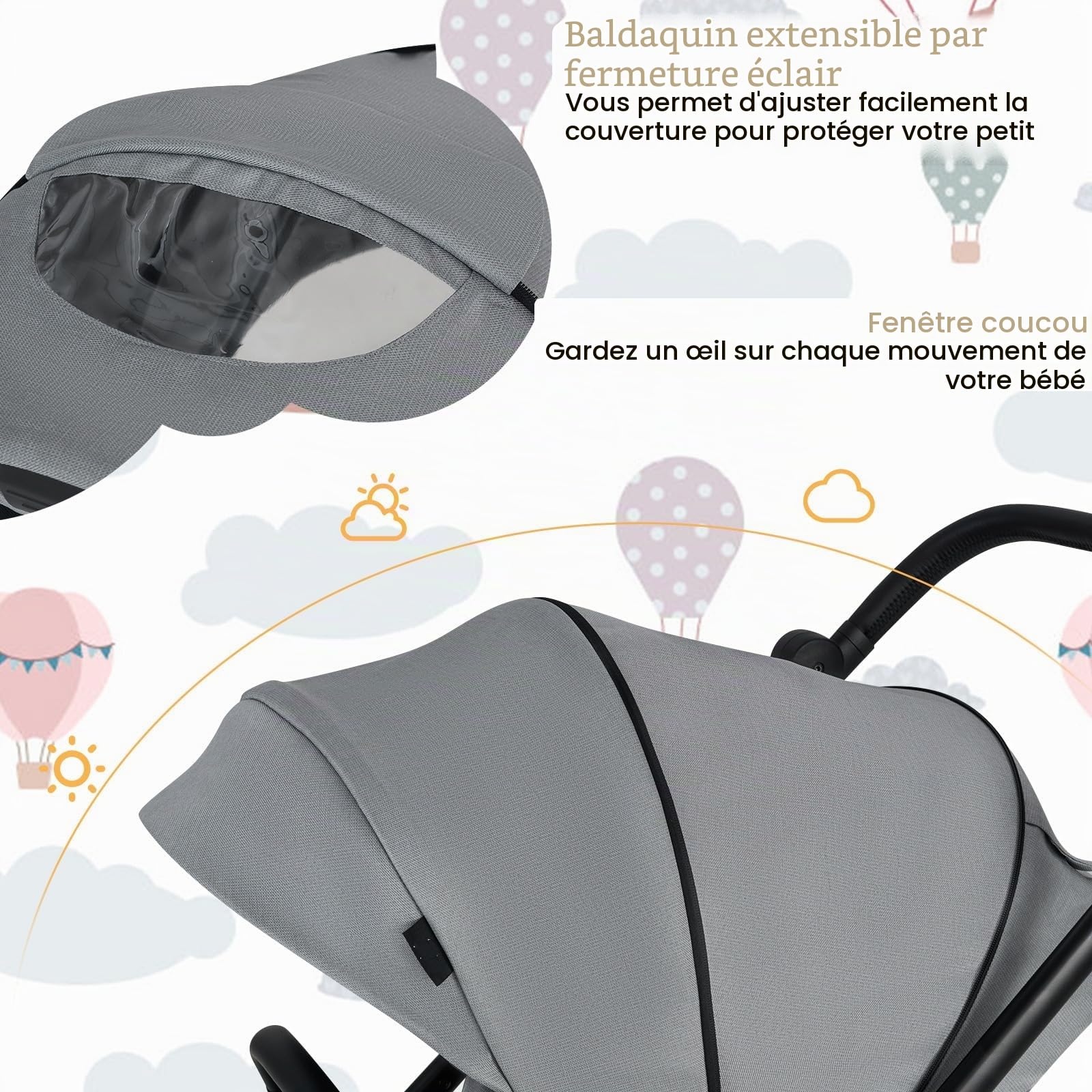 LIFEZEAL Poussette Canne Pliable Bébé 0-36 mois, Dossier Réglable, Poussette Compacte Légère, Siège Réversible, Harnais de Sécurité, Roues Universelles, Frein, Charge 30kg (Gris)