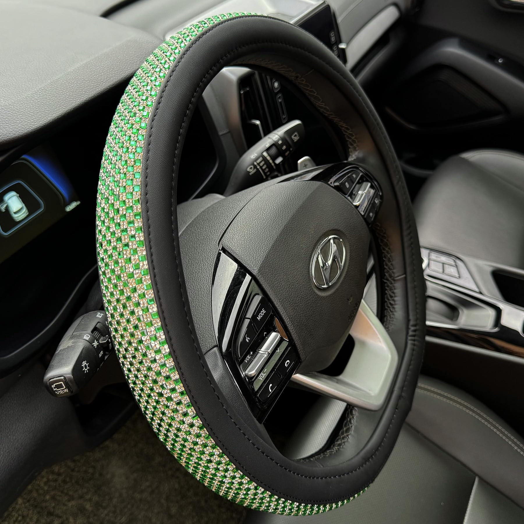 PINCTROT D Shaped Bling Comfy Steering Wheel Cover with Jumbo Crystal Rhinestones, Anti-Slip Diamond Leather, Flat Bottom 14.5-15 Inch (Vivid Green)