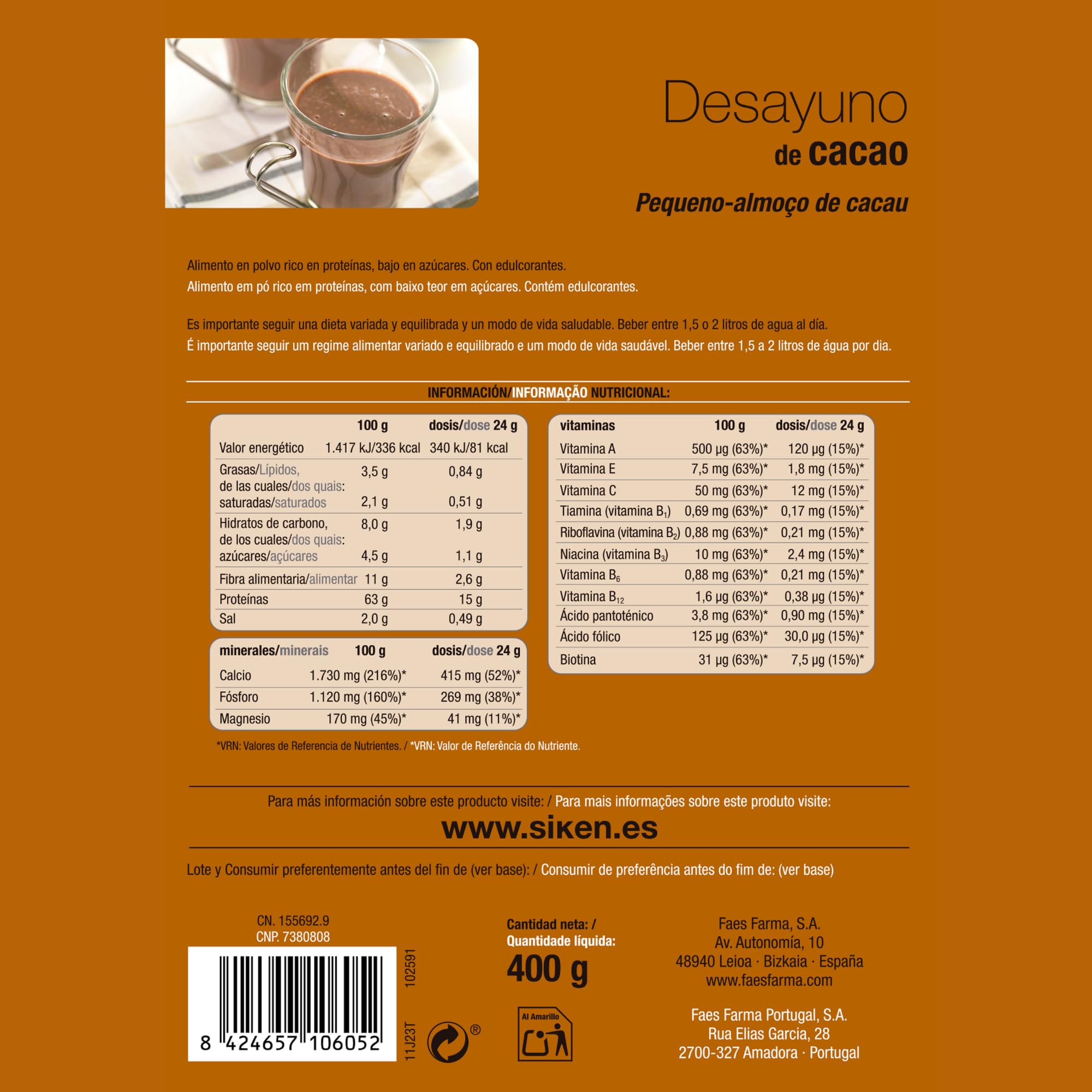 Siken Diet Desayuno de Cacao Hiperproteico e Hipocalórico para el Control de Peso - 400 g