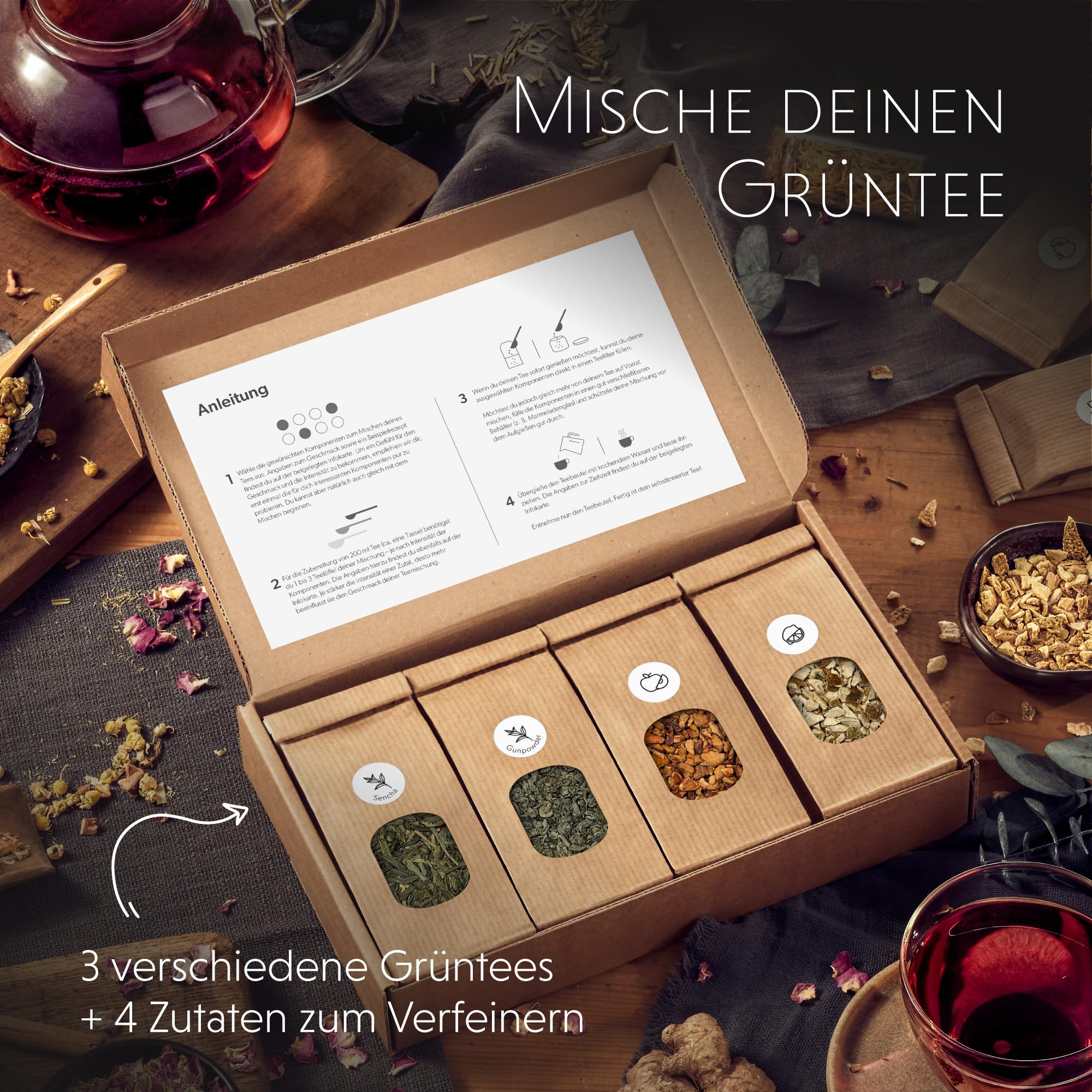 Tee Selber Mischen Set Geschenk mit Grüntee - BIO Grüner Tee Geschenkset mit 7 leckeren Tee-Sorten zum DIY Teemischung Selber Machen