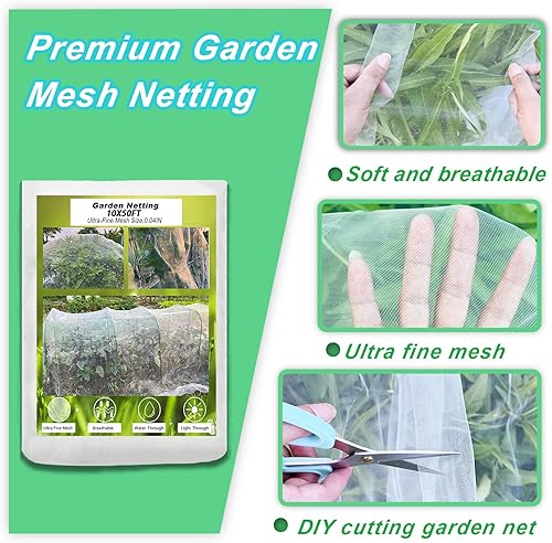 Miniatura 3 de Red de jardín, 10 x 50 pies, malla de jardín ultra fina con 36 clips, red de protección de barrera de cubierta de fila para pájaros animales, red de