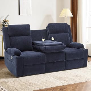 Large Recliner Couch with Console,RV Loveseat Reclining Couch with Drop Down Table/ 4 Cup Holder/Hidden Storage, Wall Hugger Recliner Sofa for Living Room & Home Theater & RV(Blue)