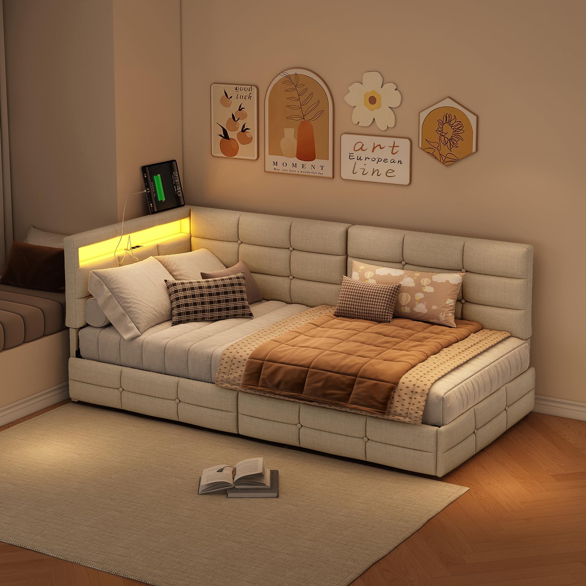 Polsterbett Schlafsofa 90x200 mit LED-Beleuchtung & USB-Ladestation, Jugendbett Tagesbett mit Stauraum & 2 Schubladen, Gästebett Bettgestell mit Lattenrost, Leinen Beige