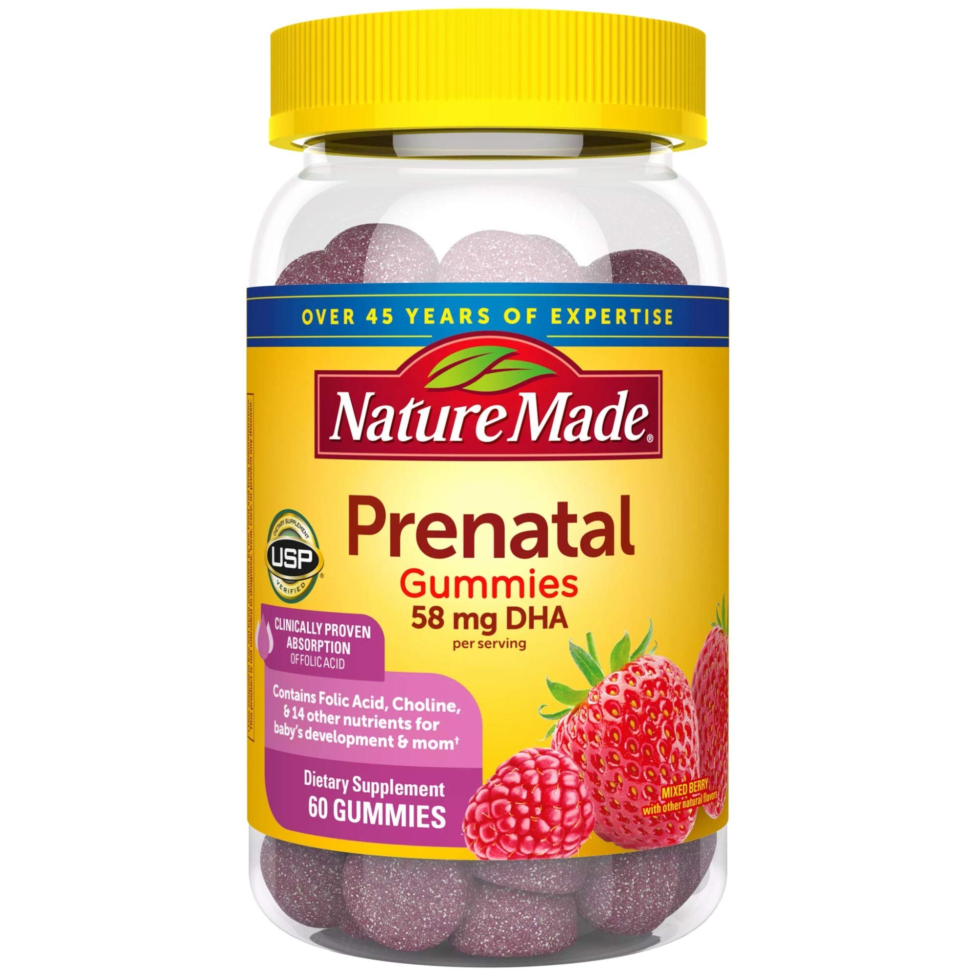 Nature Made Prenatal Gummy Vitamins with DHA + Folic Acid + Choline, 60 Ct, Clinically Proven Absorption of Folic Acid, Good Source of Choline, to Support Baby Development and Mom