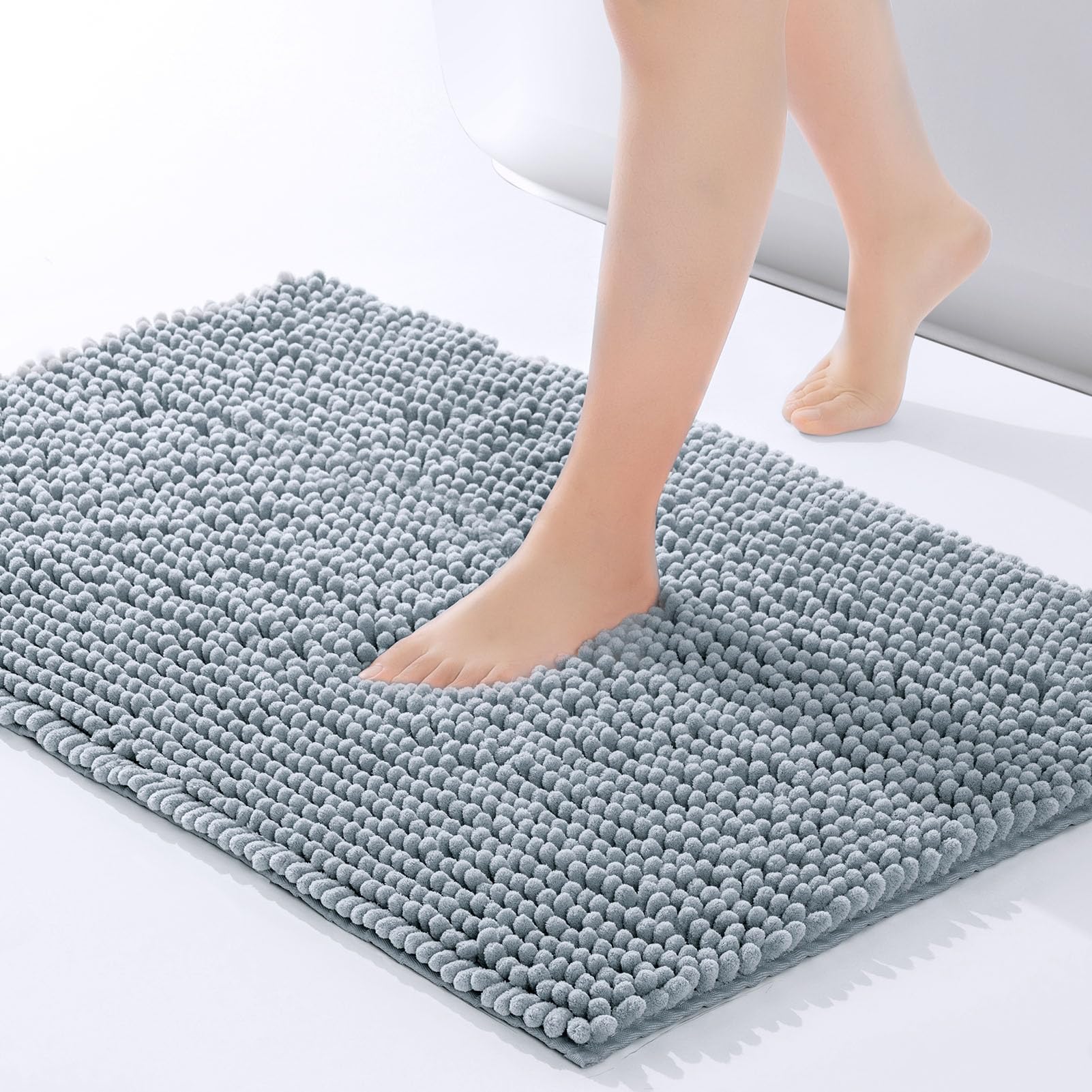 FRESHMINT Chenille Bathroom Rugs Non-Slip Bath Mat 32"x20", Washable Soft Shower Mat, for Bathroom Floor & Tub Fluffy Shag Bath Rugs, Durable Thick Water Absorbent Microfiber Shower Rugs, Sky Gray