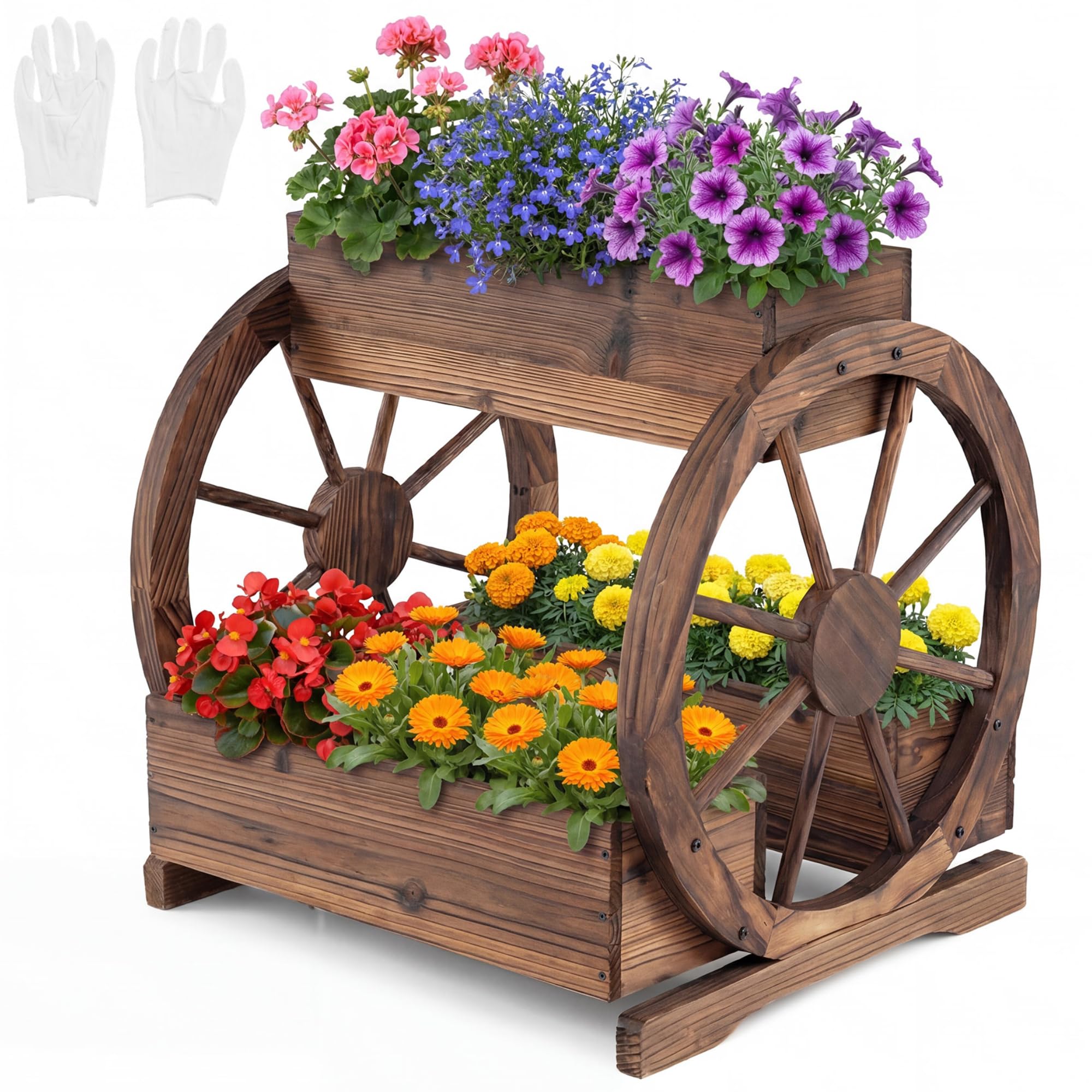 COSTWAY Wood Wagon Planter Box, 2-Tier Rustic Raised Garden Bed with Drainage Holes & Decorative Wheels for Vegetables Herbs Flowers, Indoor Outdoor Flower Cart Container (61.5 x 55 x 62cm, 3 Boxes)