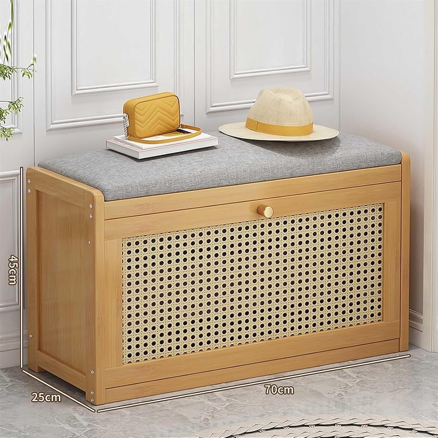 Bamboo Entryway Shoe with Rattan Drawers Slim Shoe Organizer Cabinet for Space Saving Enclosed Shoe Storage Cabinet in Wood Color 70x25x45cm