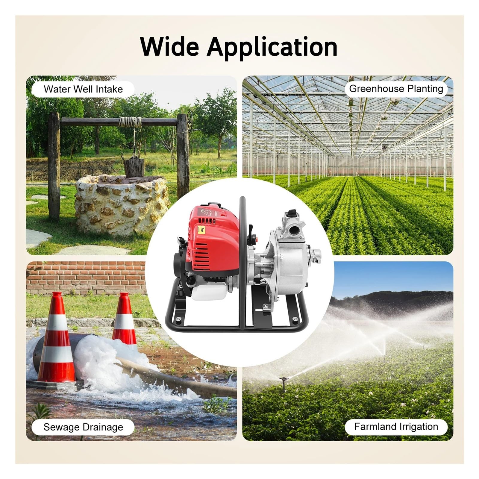 Bomba De Agua con Motor Gasolina 1200 W, 4 Tiempos, 38 CC, 8500 RPM, For Riego Agrícola Rendimiento Potente
