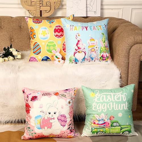 Miniatura 7 de 4 fundas de almohada coloridas de Pascua de 18 x 18 pulgadas fundas de almohada de Pascua decorativas para primavera casa de campo conejito de