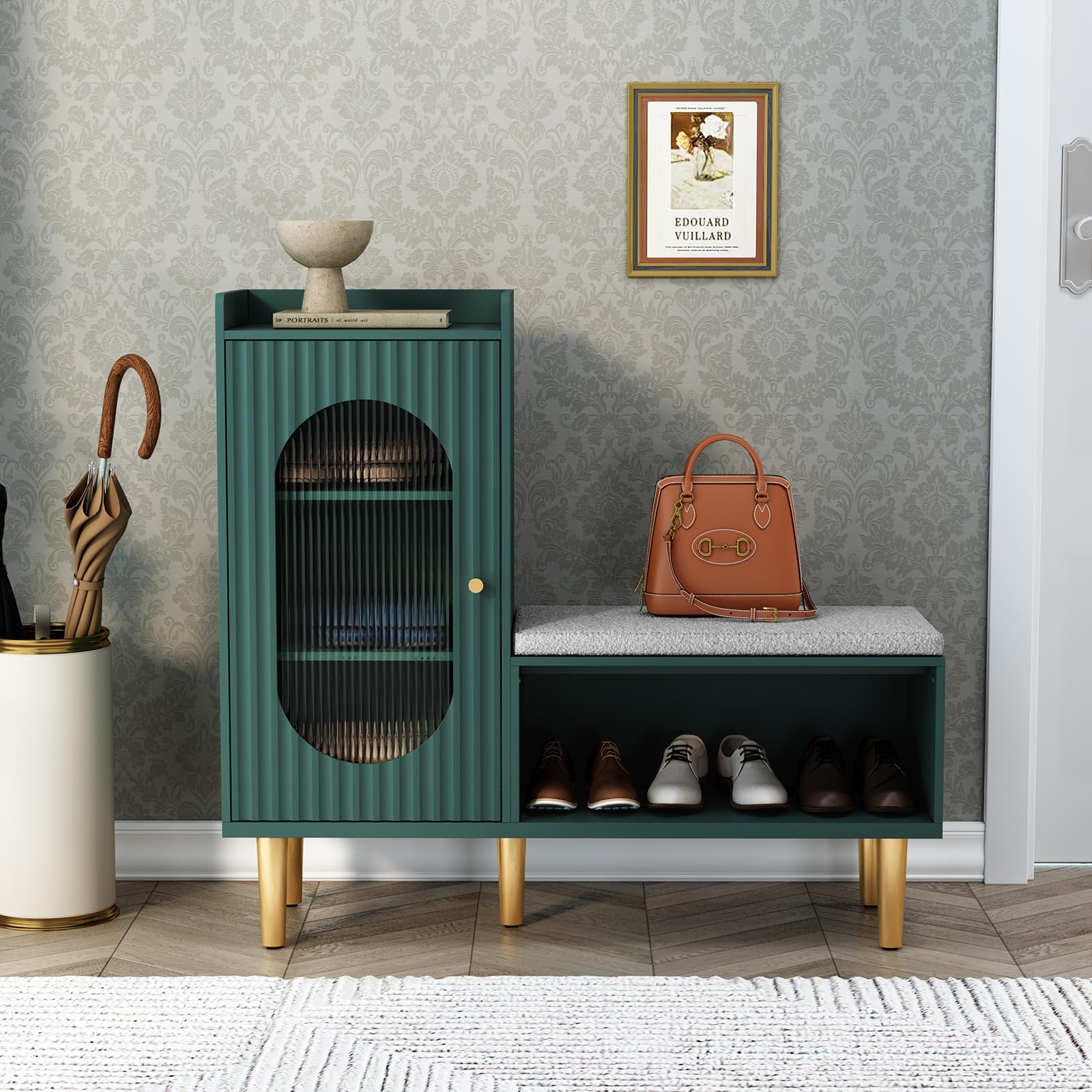 HOLTICO Shoe Storage Bench with Seat, Glass Door Storage Cabinet, Modern L-Shaped Shoe Rack Green Cabinet for Hallway, Entryway, Bedroom, Living Room