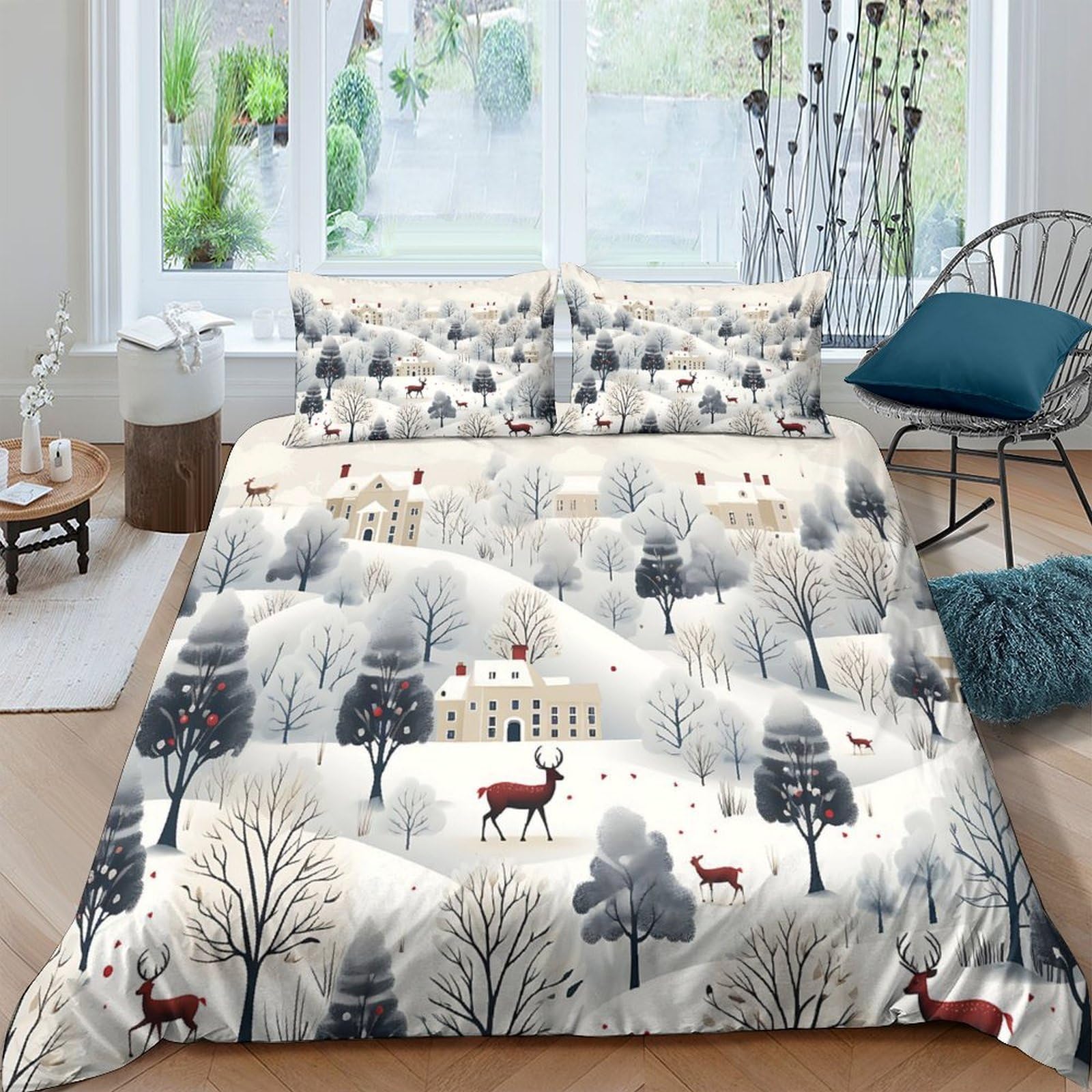 Ctjqhvkz Style-1 3D Printed Winter Forest Fitted Sheet Microfiber Soft Scenic Deer Mattress Cover Bedroom Decor Machine Washable Single（135X200cm）