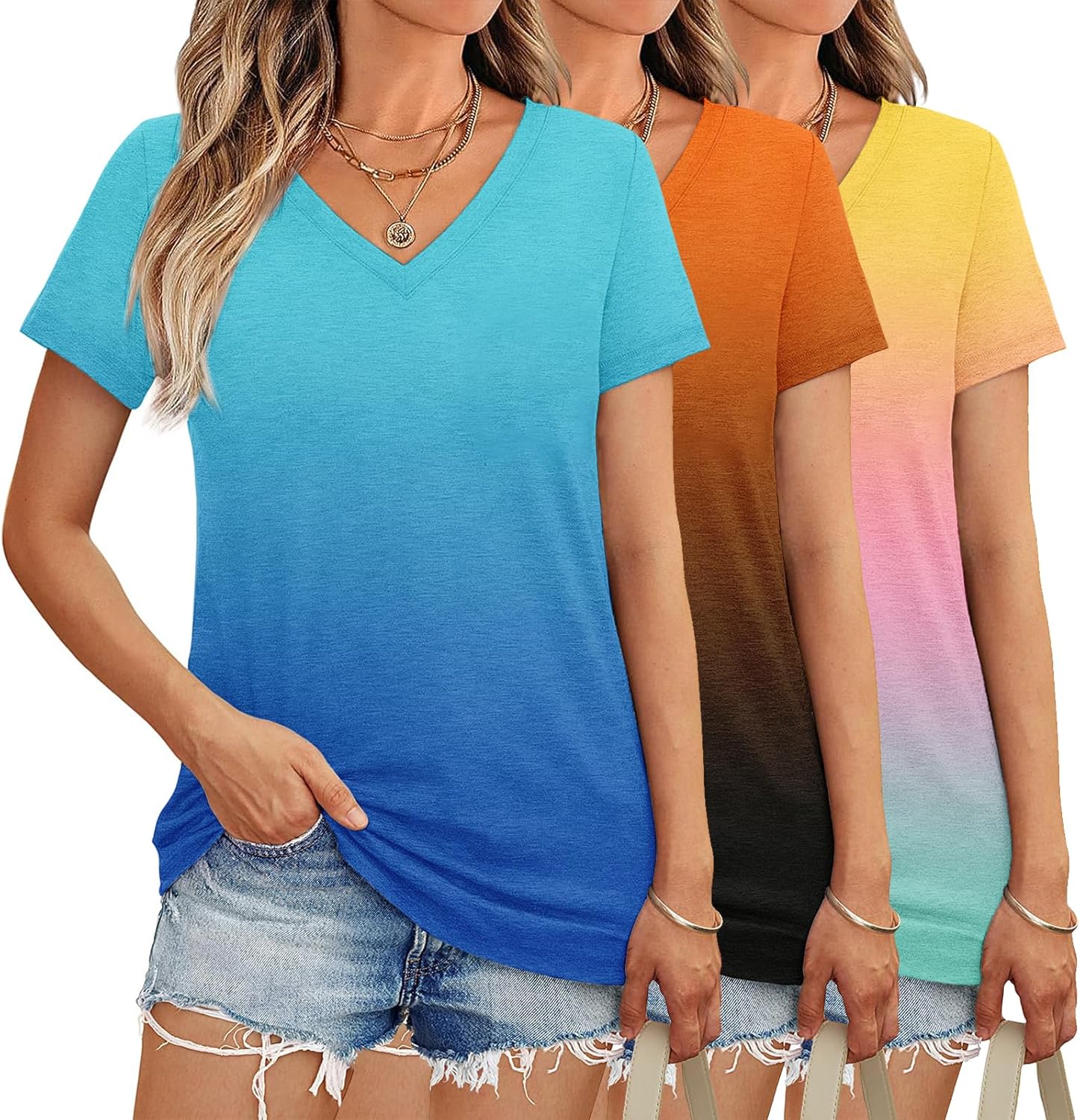 3 Pack Women's Short Sleeve T-Shirts Casual V-Neck Tops Basic Loose Fit Tees Summer Shirts