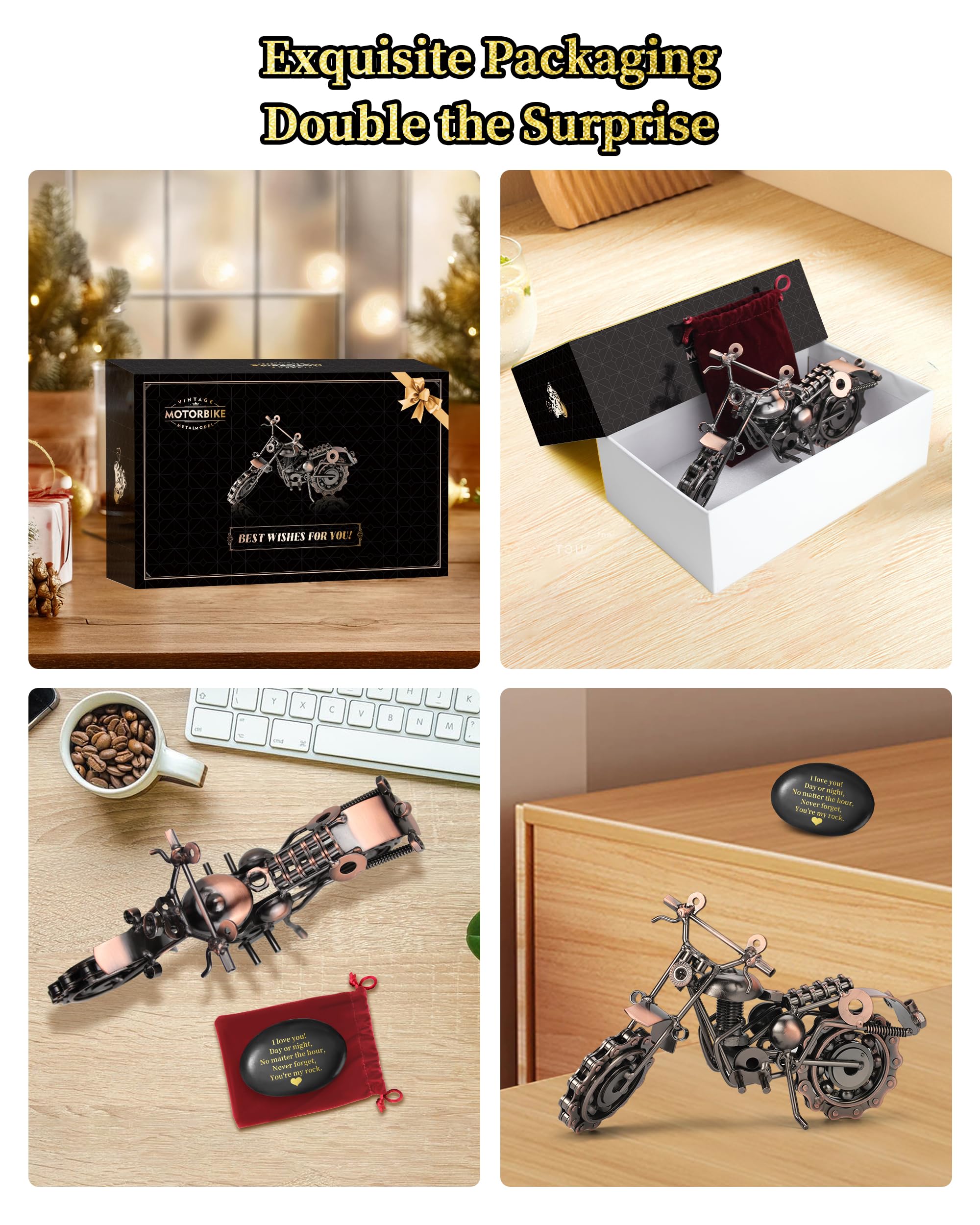 Signstek Valentines Motorbike Gift for Men - Handmade Metal Motorcycle Model with Engraved Stone, Black, Bronze, Motorbike & Universal - Image 4