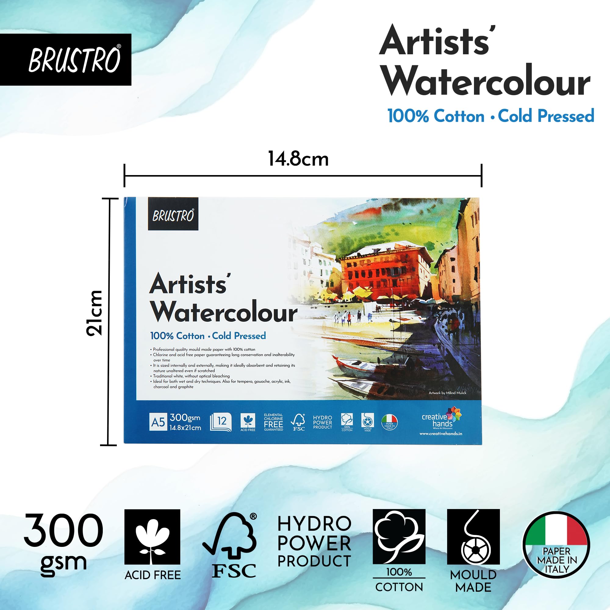 Brustro Künstler-Aquarellblock, 100 % Baumwolle, 300 g/m², kaltgepresst, 12 Blatt, Größe A5, ideal für professionelle Zeichnungen, Malen, trocken und nass, Kunststudenten