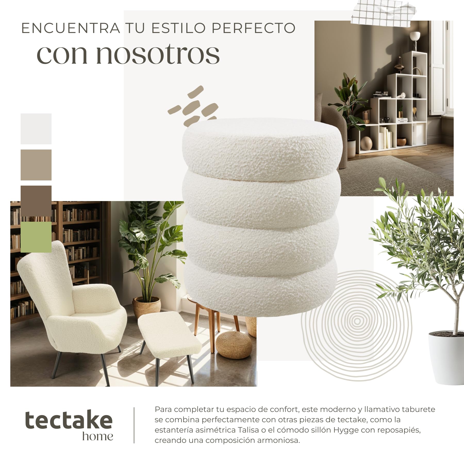 tectake® Taburete Almacenaje Bouclé, Carga: 120 kg, MDF, Puff Almacenaje, Taburete Dormitorio, Reposapies Puff, Zapatero Entrada Recibidor, Asiento Acolchado, Ideal Salón Hogar - 42 x 47 cm Crema