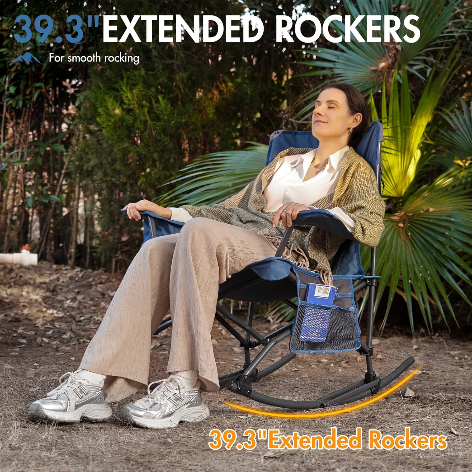 Portal Outdoor Rocking Chair Camping Folding Portable Rocker with Cup Holder Side Pocket Carry Bag, Support 350LBS (Mesh Blue)