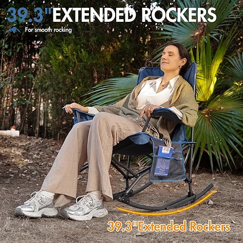 Miniatura 6 de Portal Mecedora para exteriores, plegable, portátil, con soporte para tazas, bolsa de transporte con bolsillo lateral, soporte de 350 libras (azul 1