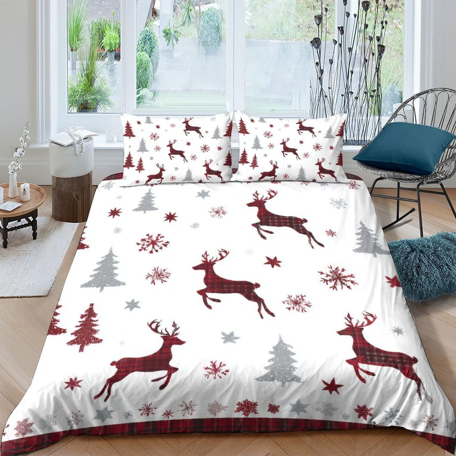 TUFRTGYHN 3D Printed Christmas Reindeer Duvet Cover Microfiber Soft Breathable Snowflake Bedding Set with 2 Pillowcases for Bedroom Decor Single（135x200cm）
