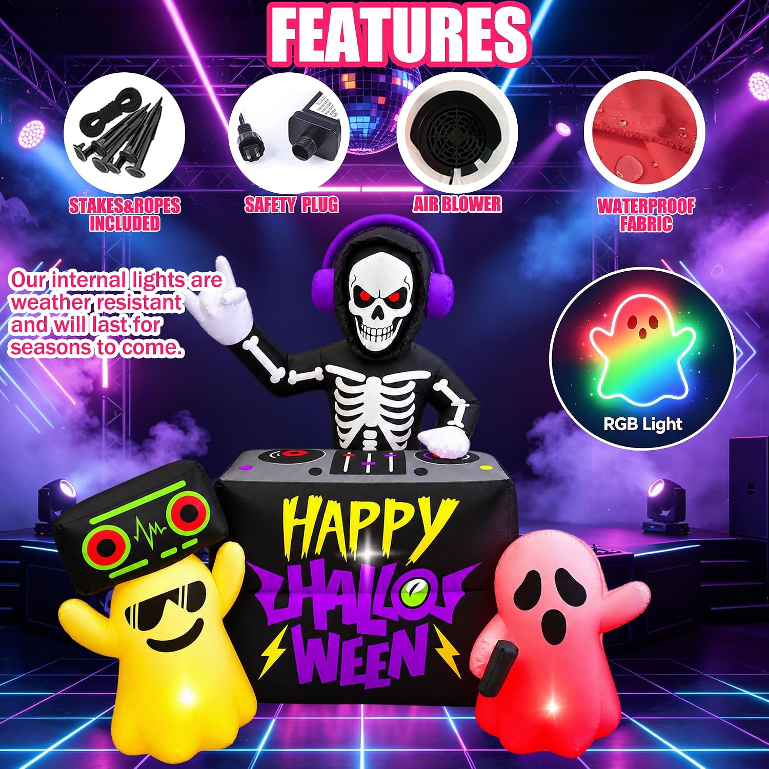 BLOWOUT FUN 6FT Halloween Inflatable DJ Skeleton with 2 Ghosts Yard Decor image 4