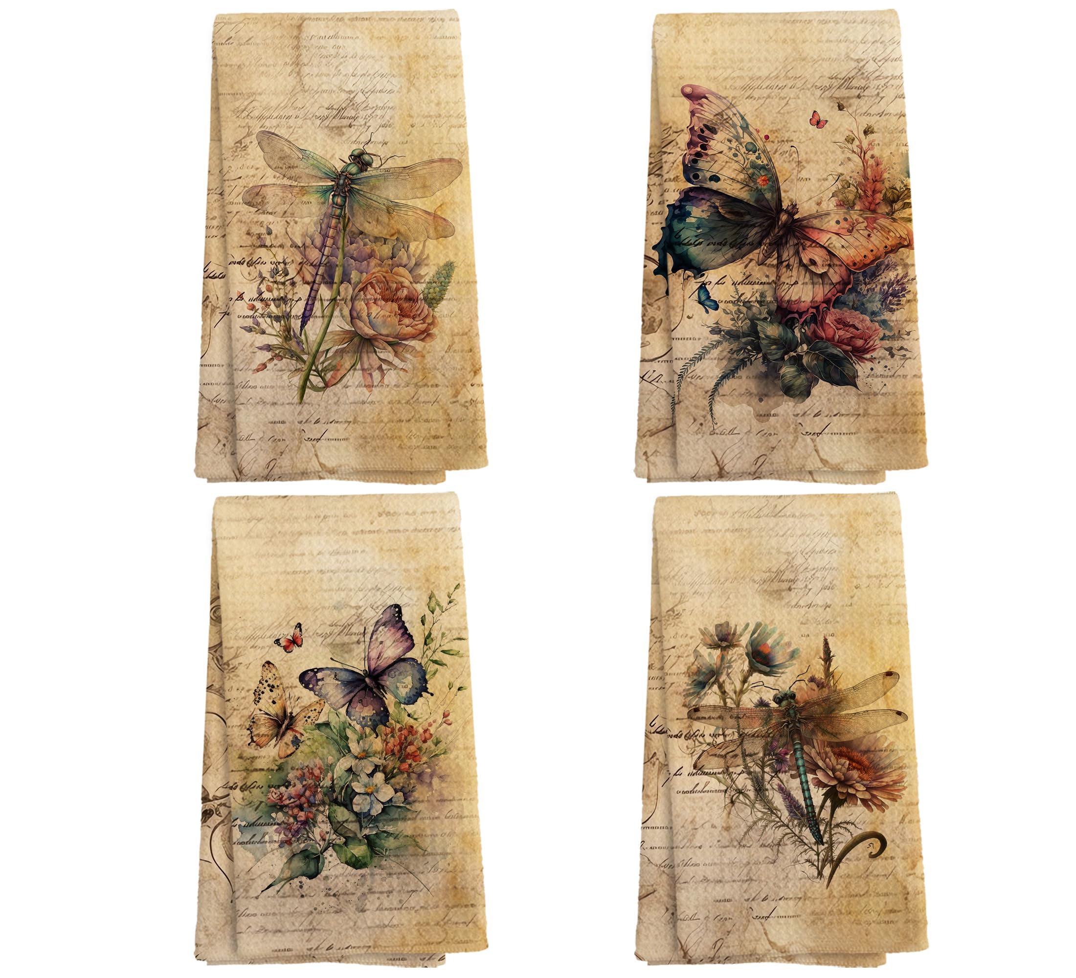 NOQL Vintage Butterfly Floral Kitchen Towels and Dishcloths Set of 4, Floral Hand Towels, Retro Dragonfly Butterfly Flowers Drying Cloth Hand Dish Tea