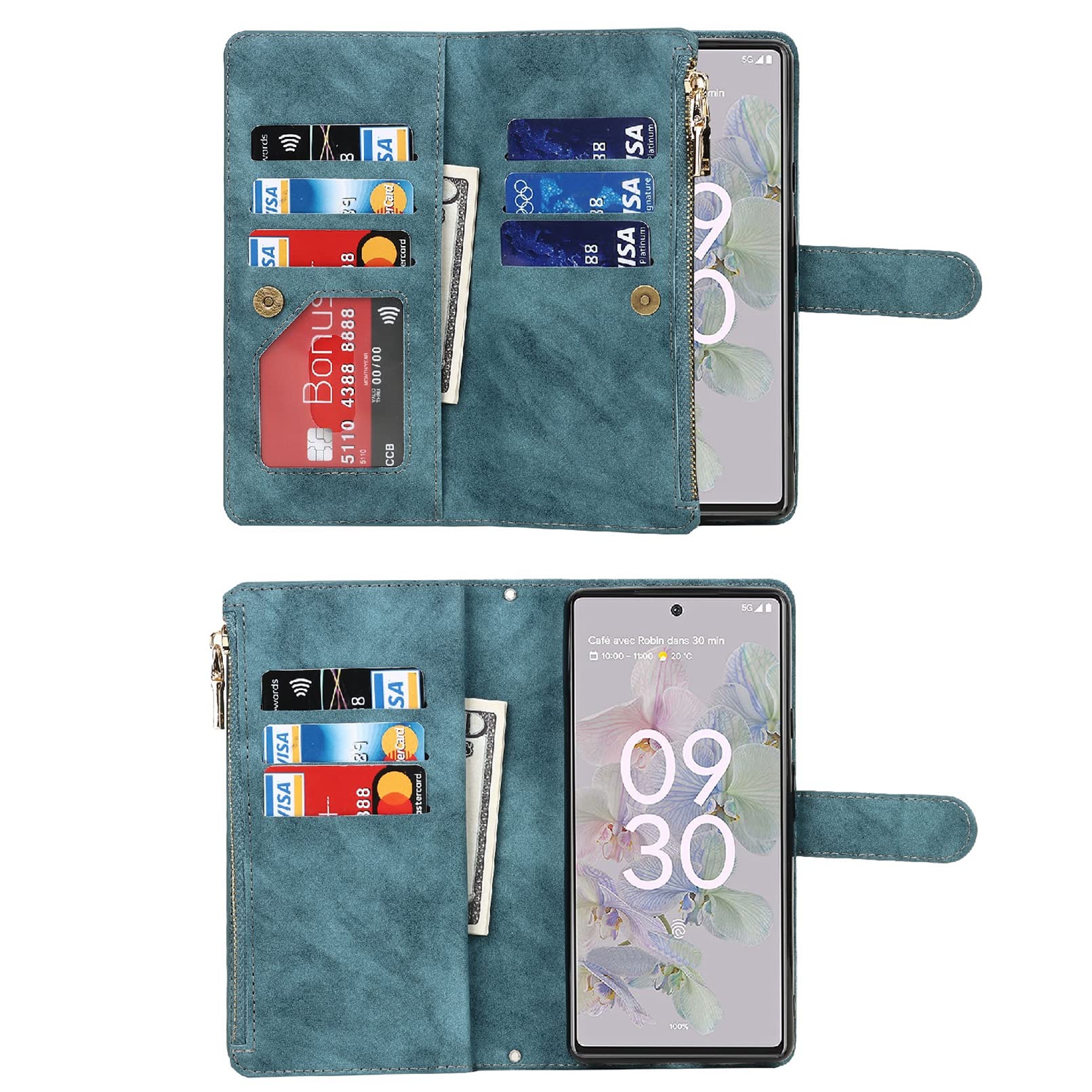 Jaorty Google Pixel 7 Wallet Case – Mit 9 Kartenfächern, Reißverschlussfach, Umhängeband & Standfunktion, Aus PU-Leder (Burgunderrot), Nur Für Pixel 7 (6,3 Zoll)