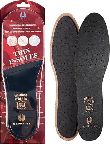 HANDARTE Premium Leather Shoe Insoles | Thin Shoe Inserts for Men | Dress Shoe Insoles - Durable - 100% Natural Goatskin & Anti Sweat - Suitable for No-Socks (US M12 | EU46)