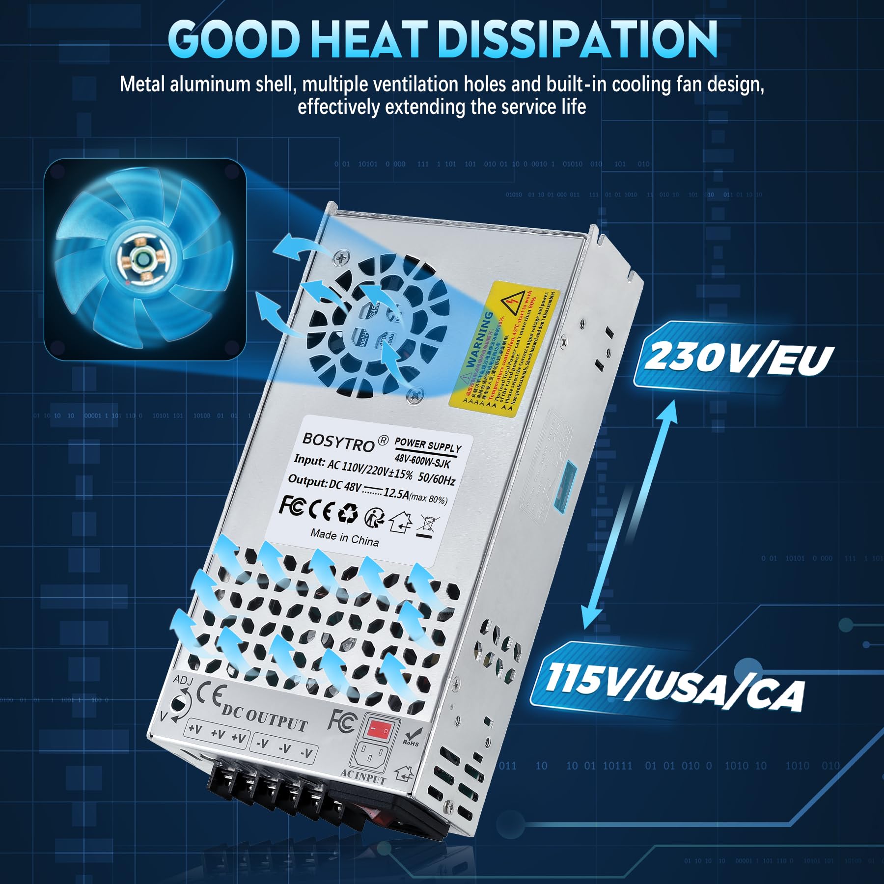 Ulepszony zasilacz impulsowy 48 V, 12,5 A, 600 W, transformator LED 230 V na 48 V, zasilacz sieciowy do taśm LED, CCTV, radia, aparatu, zasilacza laboratoryjnego, drukarki 3D, z kablem