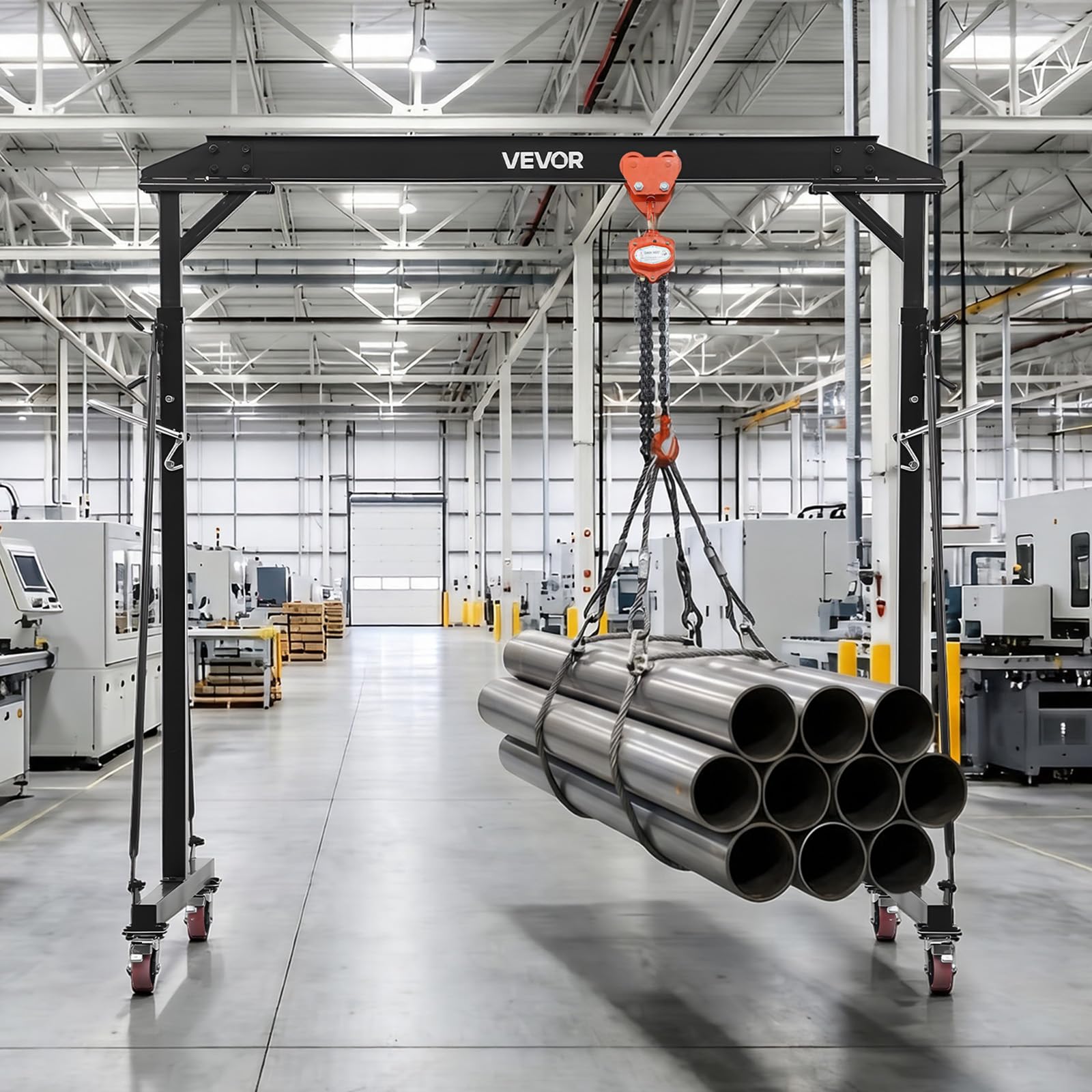 VEVOR Mobiler Portalkran mit 997,9kg Tragkraft, 243-363cm Höhenverstellbarer Ladekran aus Stahl, Werkstattkran mit Manueller Laufkatze Kettenzug & 360° Feststellrollen, Lastkran für Lager Werkstatt