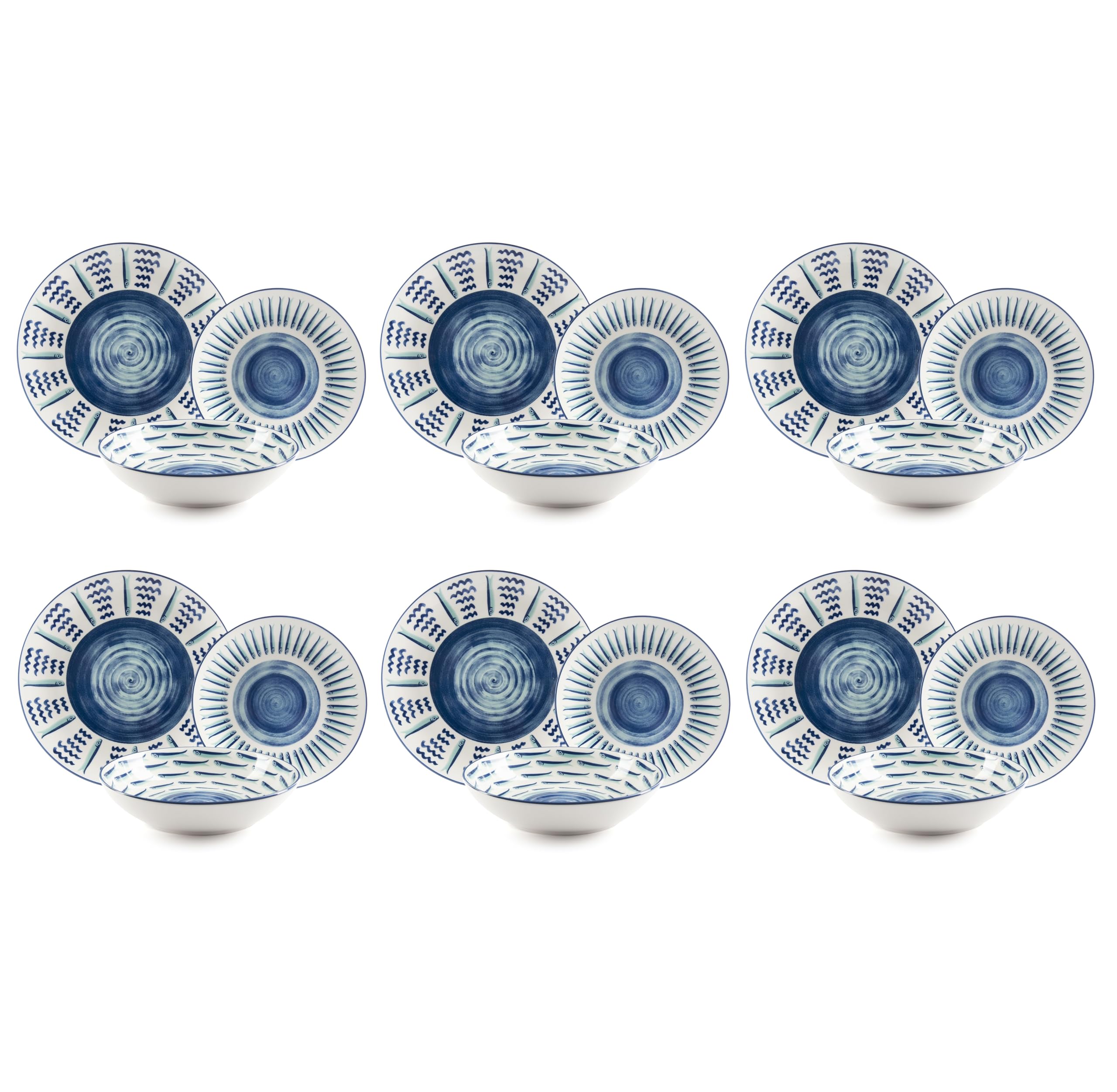 Excelsa Vajilla de porcelana Mediterráneo, 18 piezas, decoración de mar azul