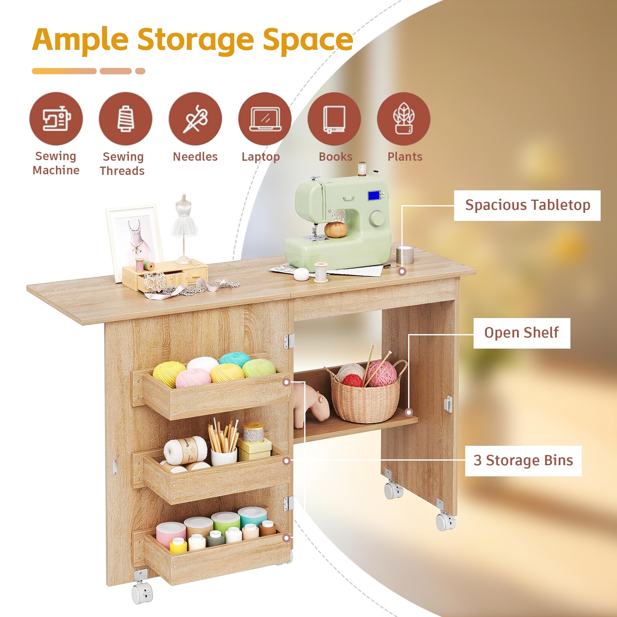 Mesa de costura plegable, estación de manualidades multiusos y escritorio lateral con diseño compacto, ruedas, estantes, contenedores, clavijas, puertas magnéticas, pomos de puerta de metal,