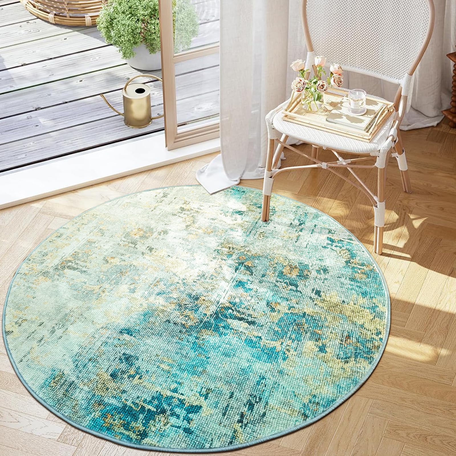 Tappeto Rotondo Astratto per Soggiorno, Lavabile in Lavatrice, Antiscivolo, Pelo Corto, Non Perde Pelo | Tappeto Moderno per Salotto e Camera da Letto, Ø 200 cm, Ottanio e Beige