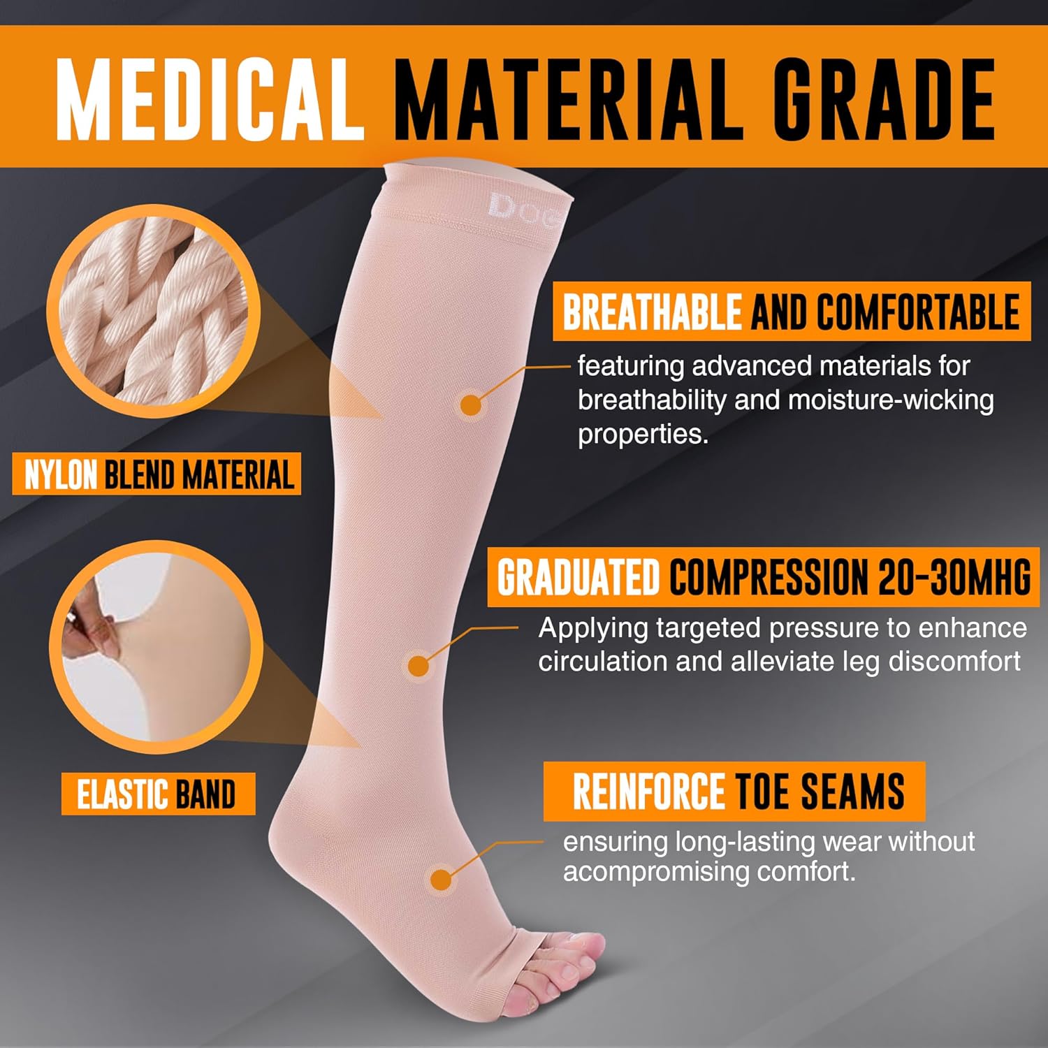 Doc Miller Open Toe Compression Socks, 20-30 mmHg, Toeless Compression Sleeves for Legs, Knee High Stockings for Shin Splints, Varicose Veins, Travel, Calf Support & Muscle Recovery, Men & Women, Pair - Image 3