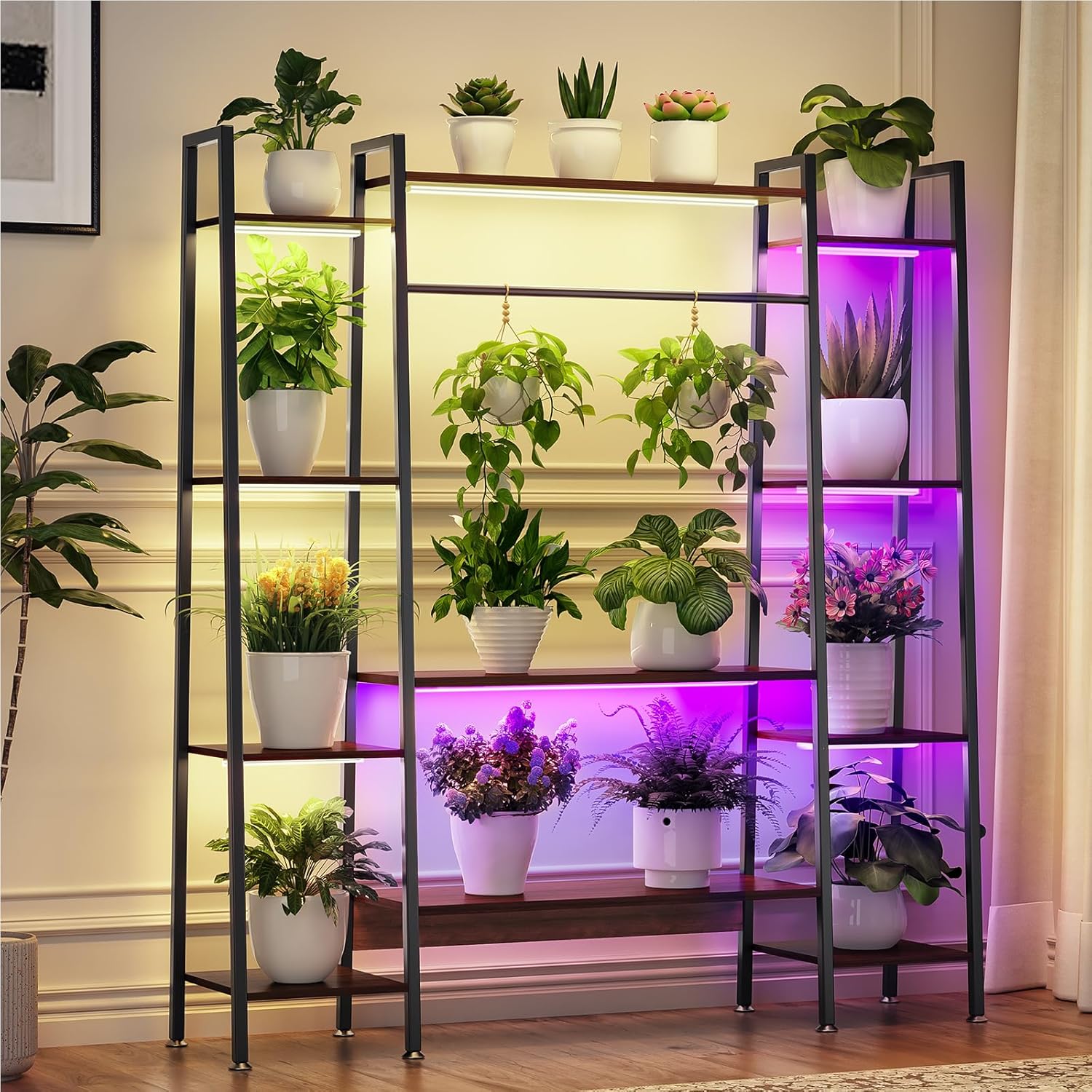 Cebihy 55" Tall Plant Stand with Grow Light, 12‑Tier, 3 Color Modes & 10 Brightness Levels, Trapezoid Wood & Metal Plant Shelf, Timer 3H/9H/12H, Safety Anti‑Tip Kit, Holds 15‑20 Indoor Plants (Black Upgraded)