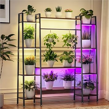 Cebihy 55" Tall Plant Stand with Grow Light, 12Tier, 3 Color Modes & 10 Brightness Levels, Trapezoid Wood & Metal Plant Shelf, Timer 3H/9H/12H, Safety AntiTip Kit, Holds 1520 Indoor Plants Black Upgraded