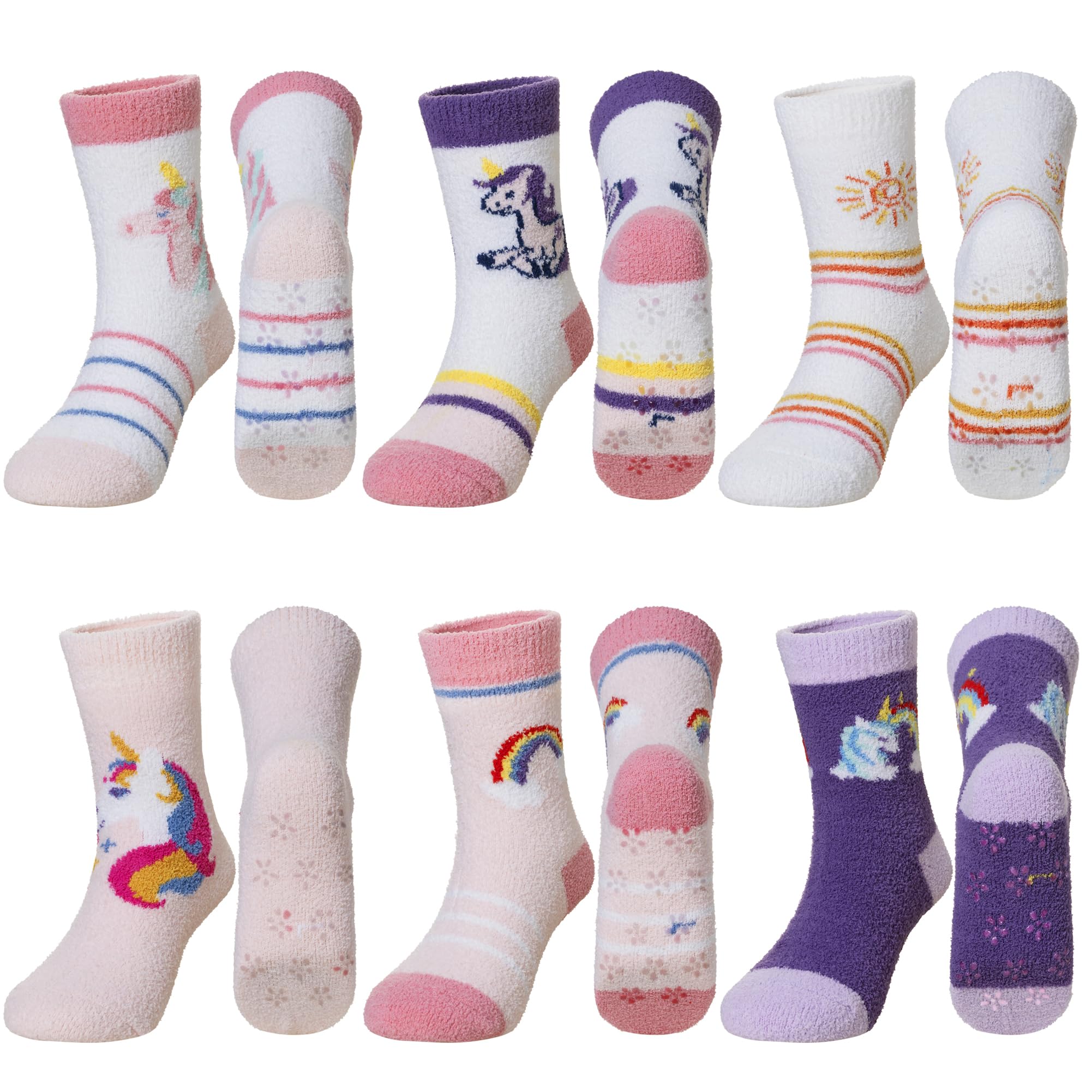 SeeyAN Kids Fuzzy Slipper Grip Socks Boys Girls Non Slip Winter Thick Fluffy Warm Soft Plush Thermal Crew Socks 6 Pairs
